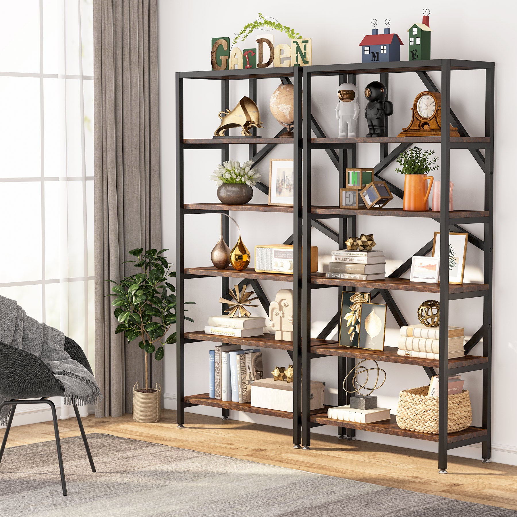 180cm Industrial Bookshelf, 6-Tier Freestanding Etagere Storage Shelf for Home Office