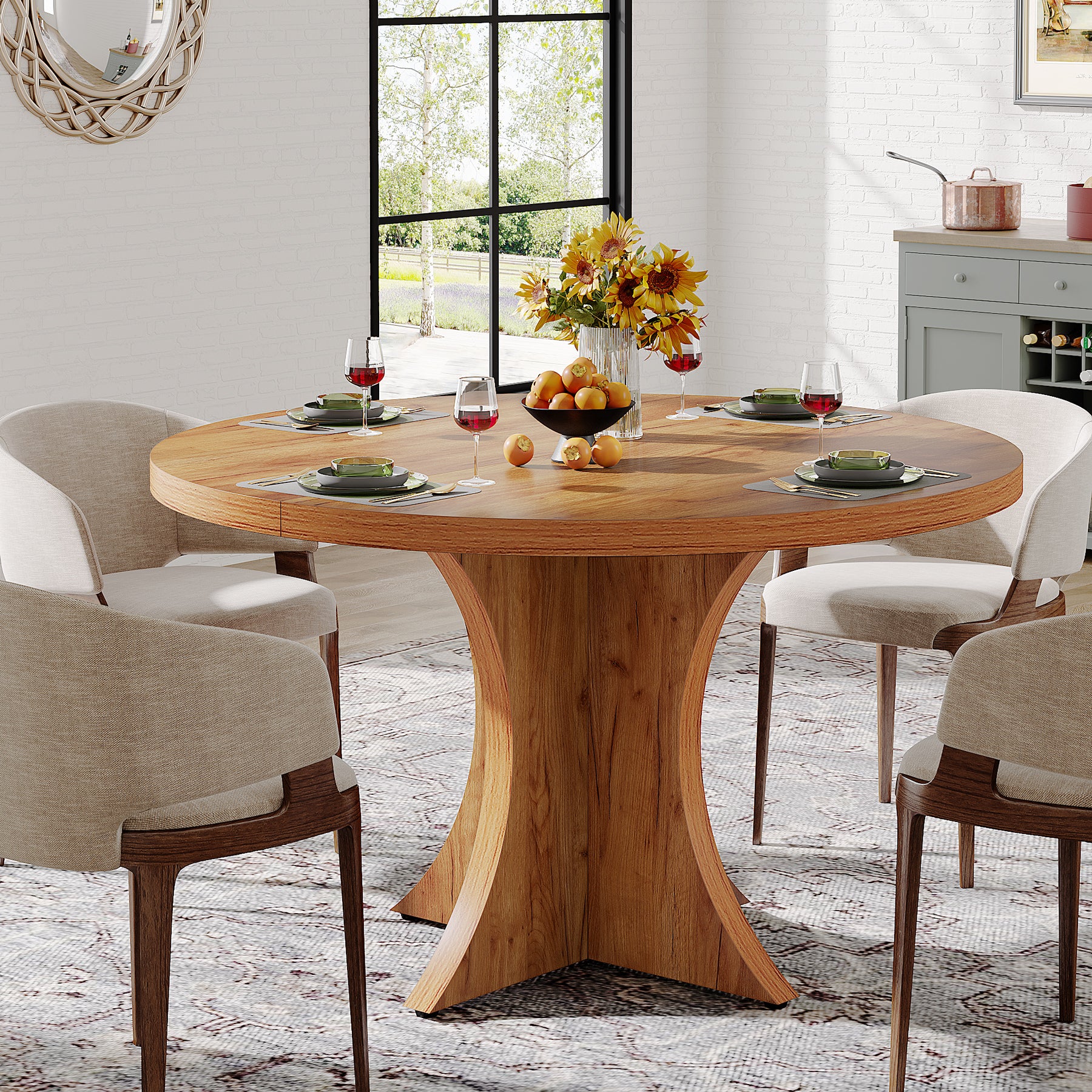 120cm Round Dining Table, Farmhouse Kitchen Table with Pedestal Base for 4-6