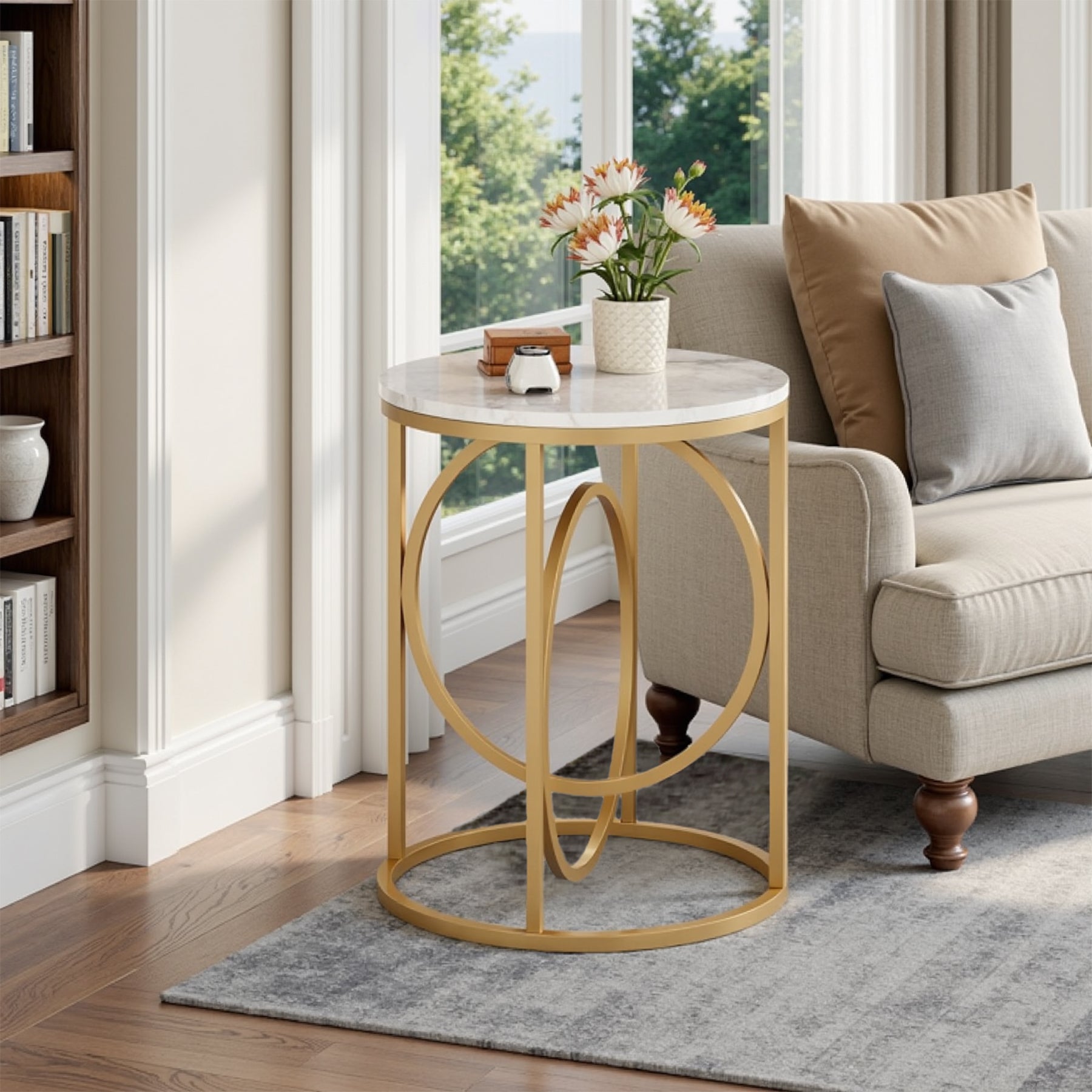 Round Side Table, Modern Sofa Side Table with Faux Marble Top