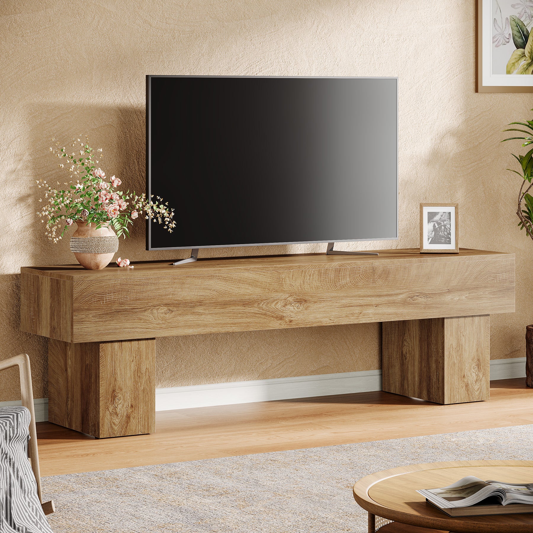 160cm Farmhouse Entertainment Unit, Low Wooden Media Console for Living Room