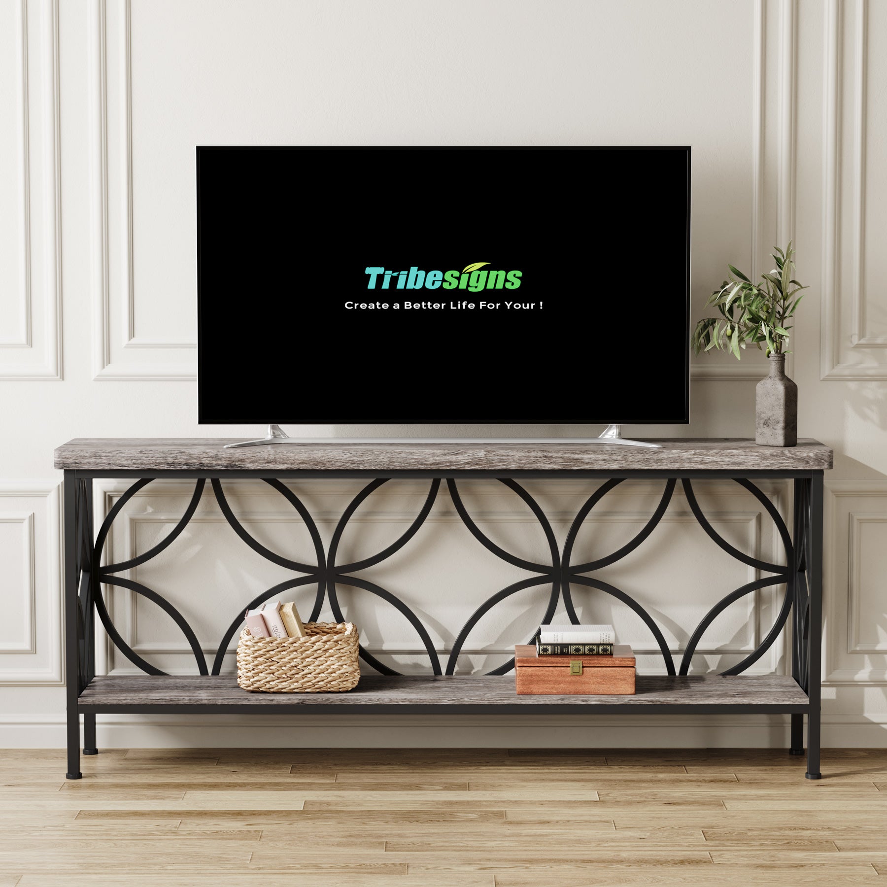 2-Tier Console Table, 180cm Industrial Sofa Table Behind Couch