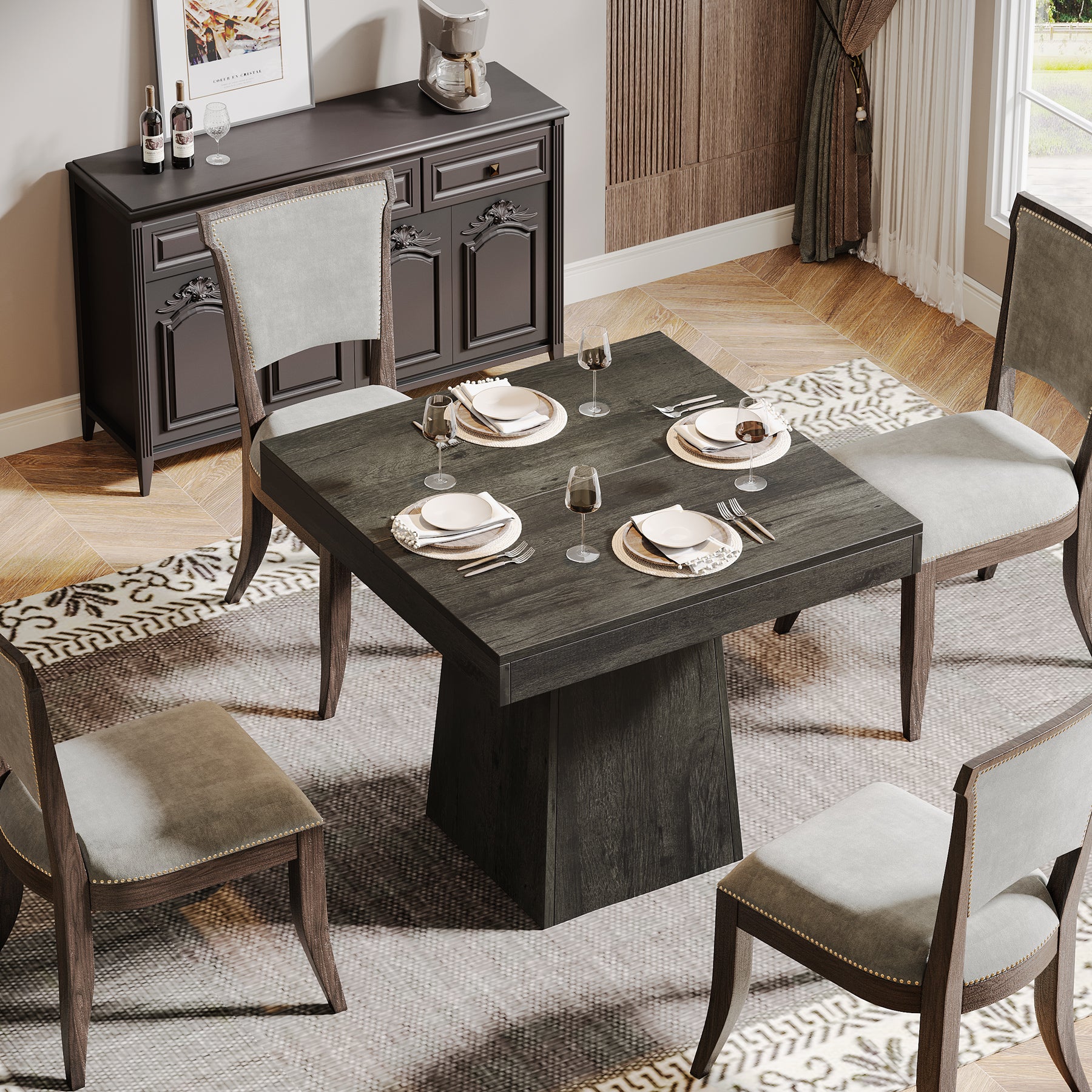 80cm Square Dining Table with Pedestal Base, 4-Seater Compact Farmhouse Style Dining Table