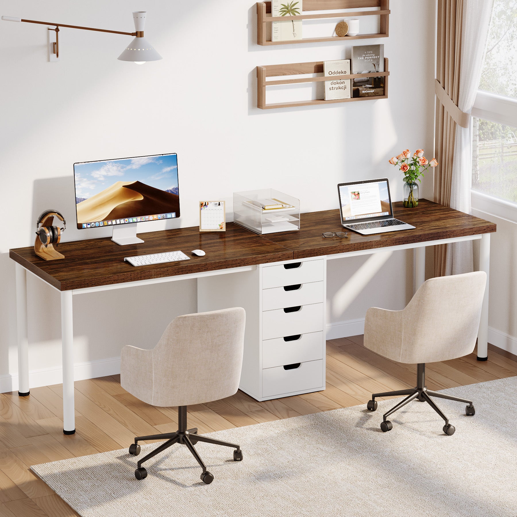200 cm Two Person Computer Desk with 5 Drawers, Extra Long Home Office Desk with Storage