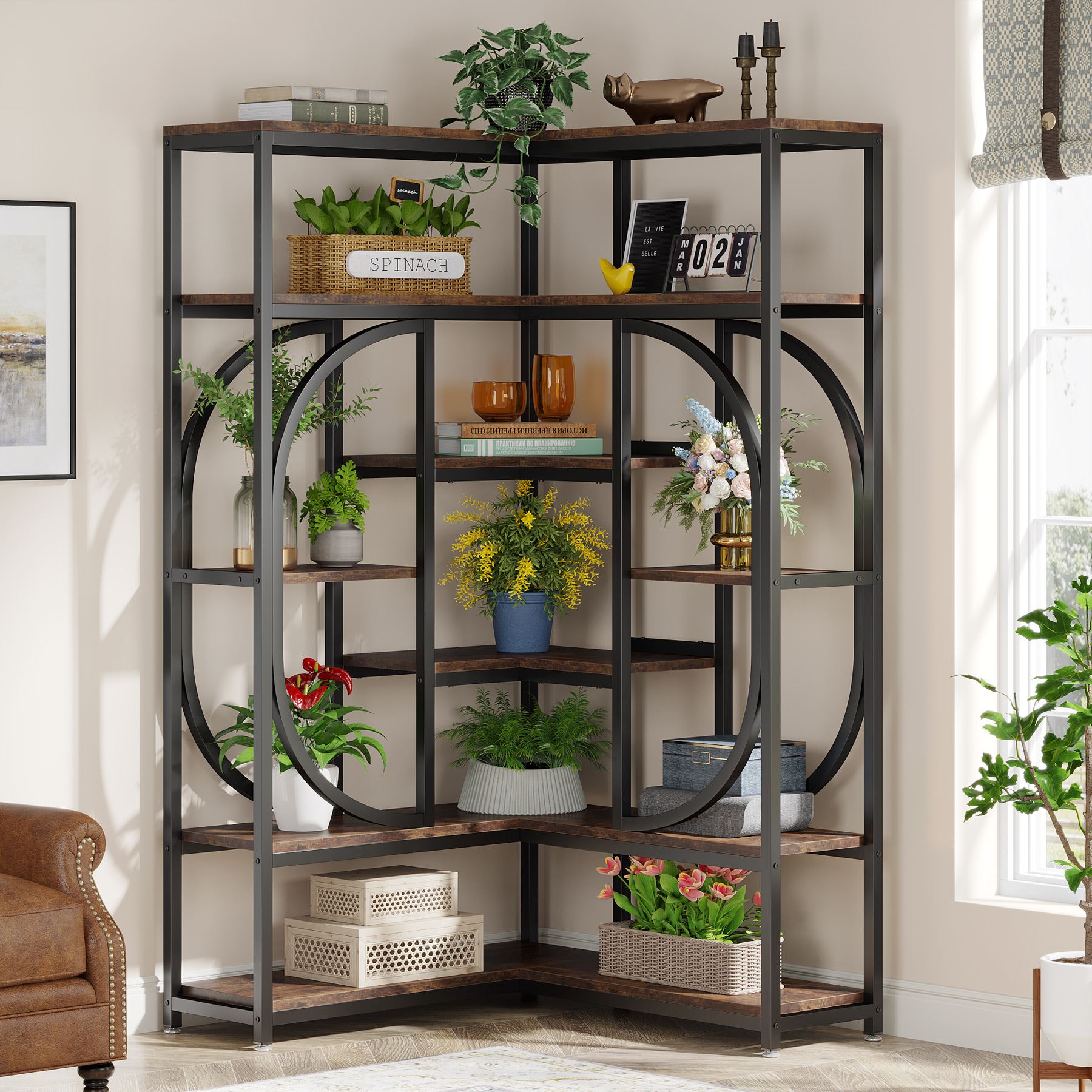176cm L-Shaped Bookshelf, Modern Corner 7-Shelf Bookshelf Display Rack
