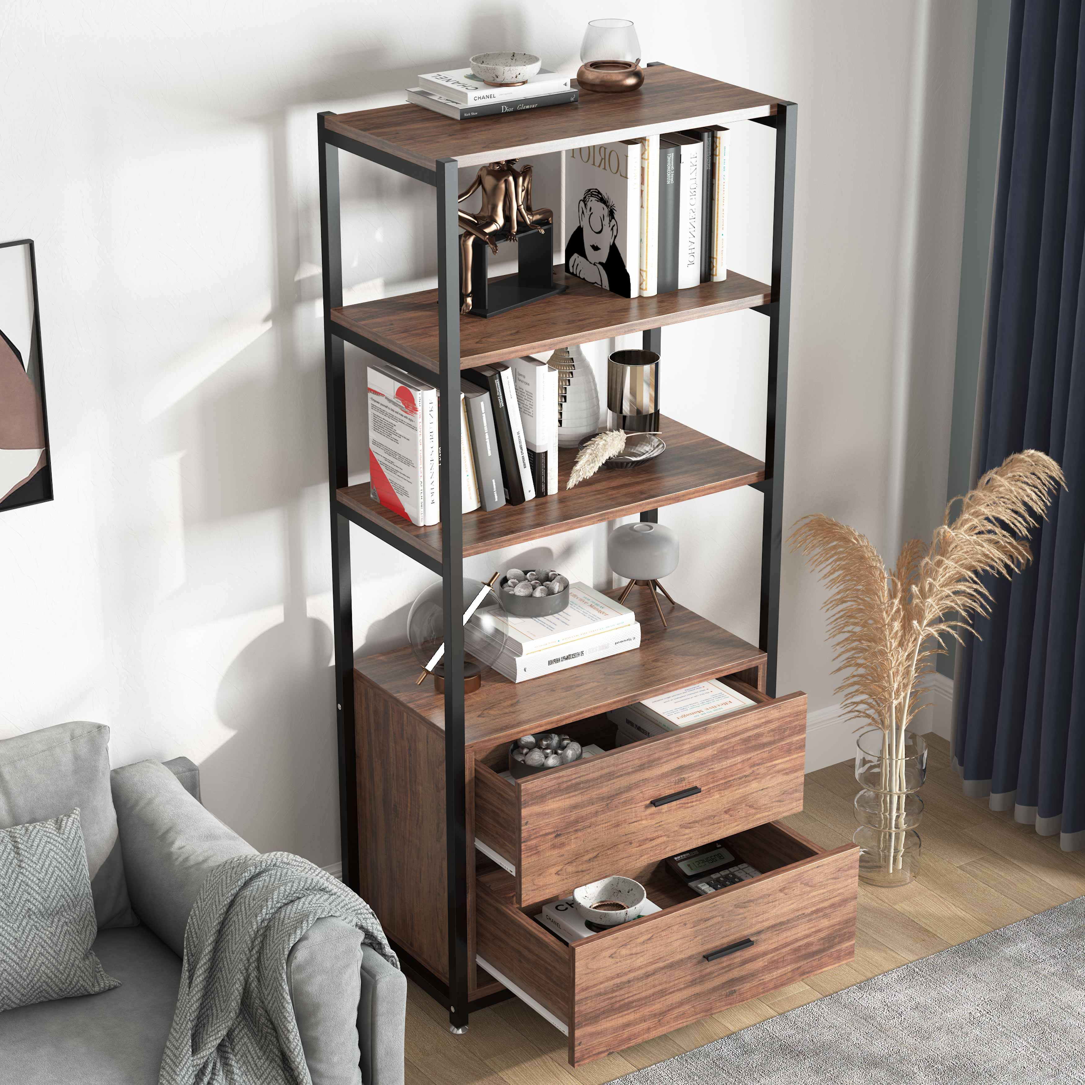 Rustic Etagere Bookshelf with Drawers, Industrial Display Bookcase for Home Office