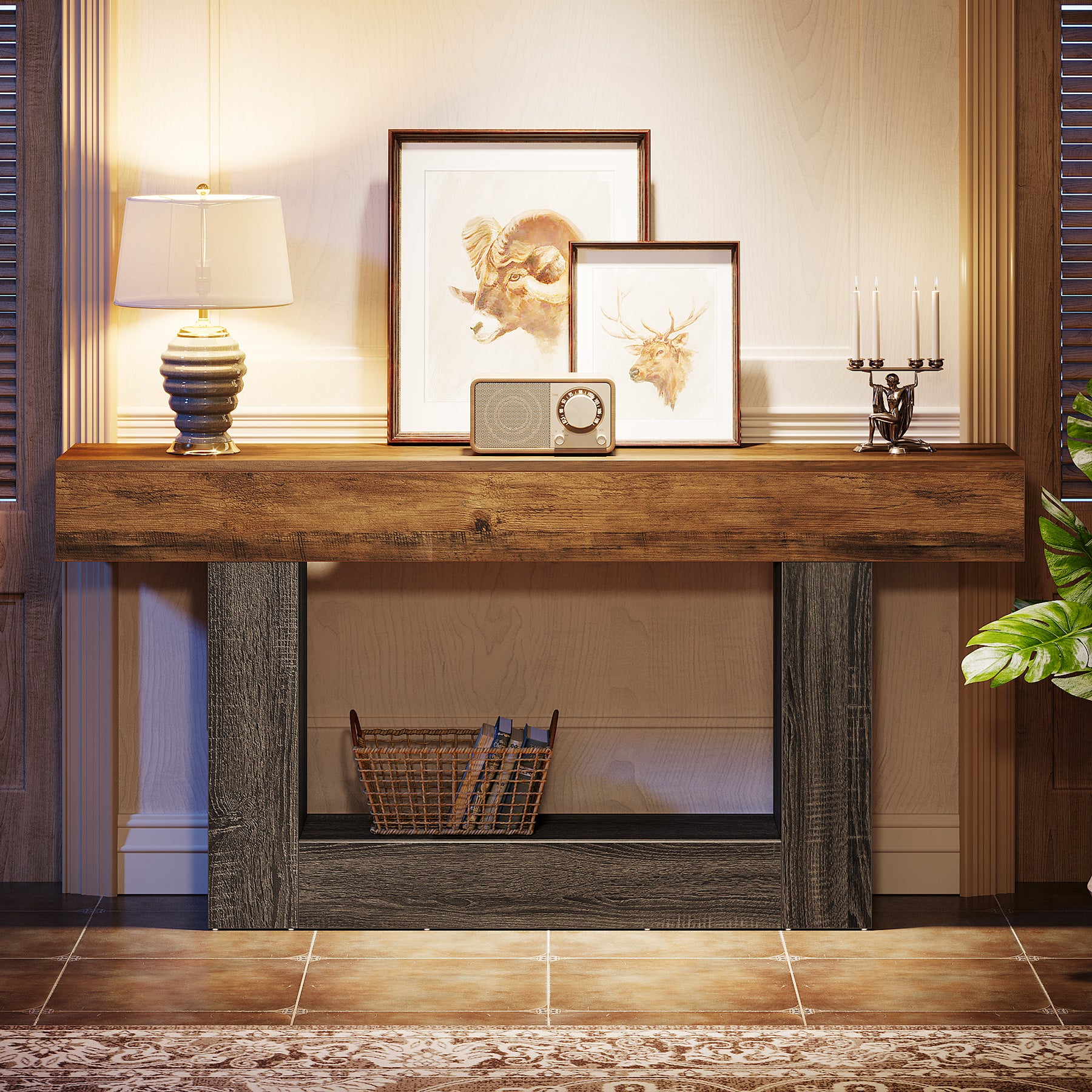63" Wooden Console Table, Farmhouse 2-Tier Sofa Table Entryway Table