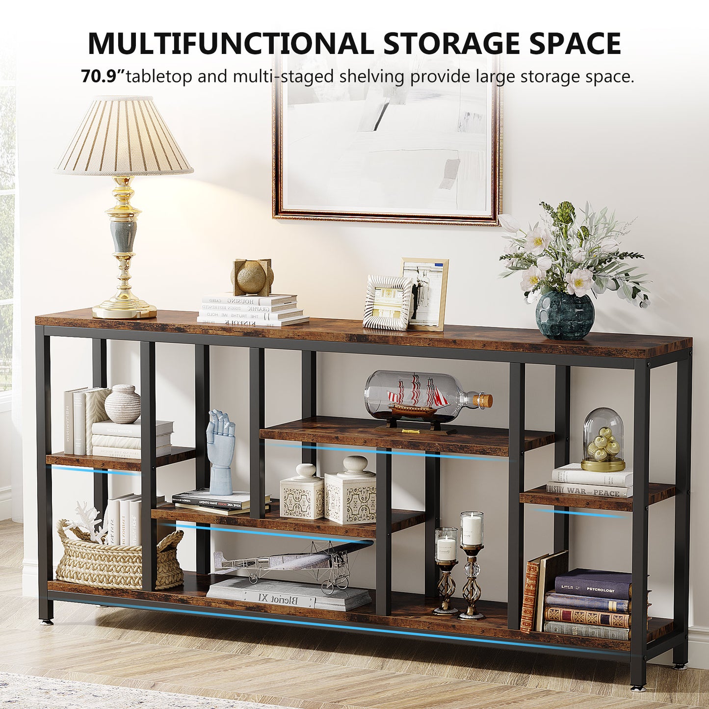 180 cm Console Table, Long Sofa Table with 3-Tier Storage Shelves