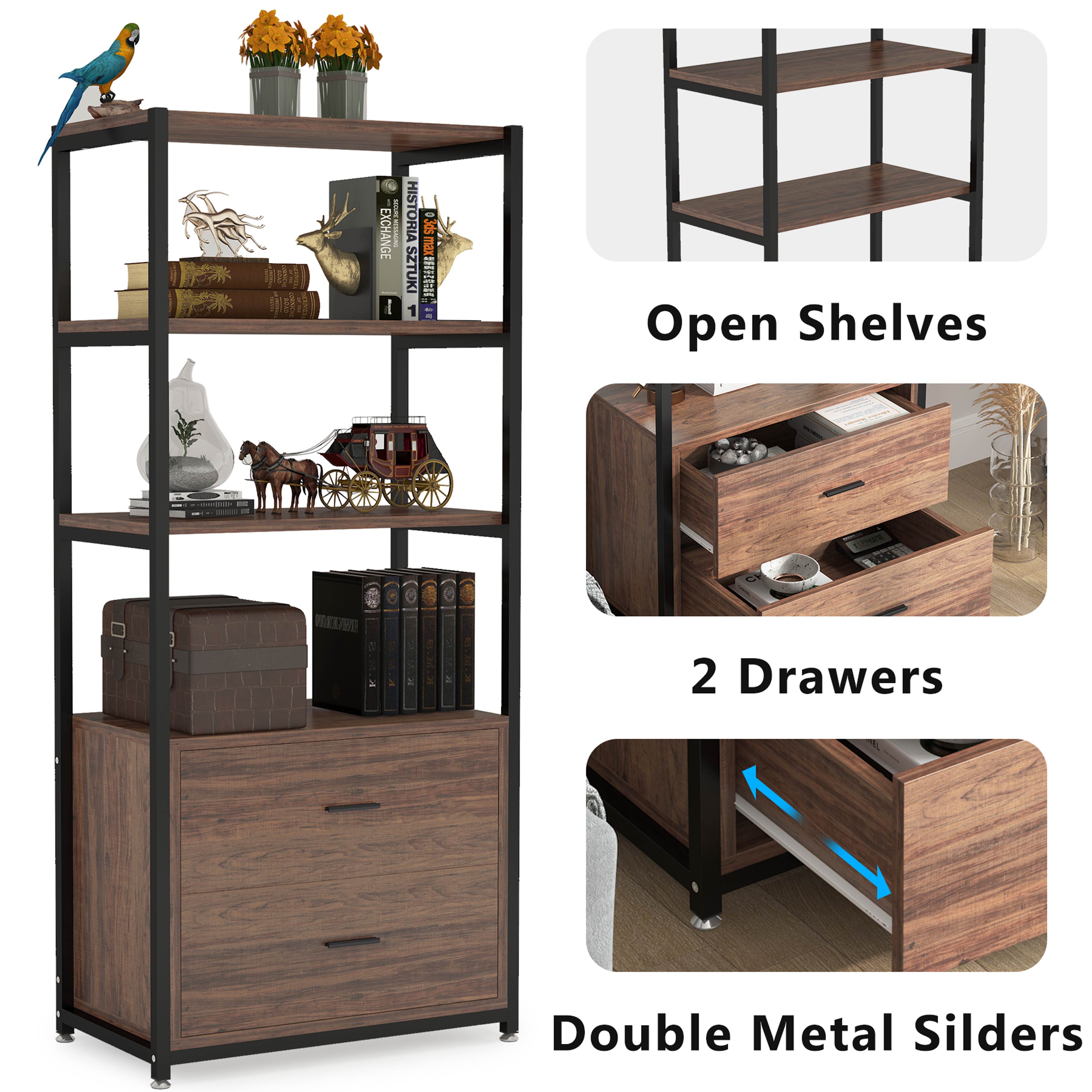 Rustic Etagere Bookshelf with Drawers, Industrial Display Bookcase for Home Office