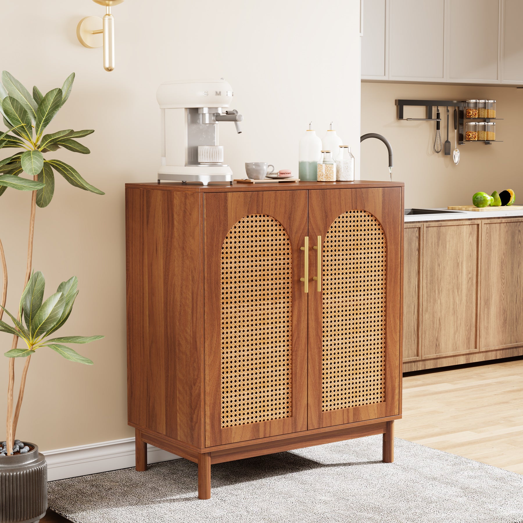 150cm Sideboard Buffet, Set of 2 Rattan Accent Cabinet with Storage