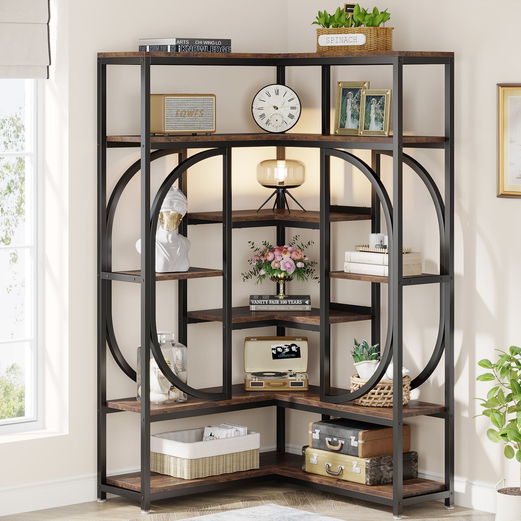 176cm L-Shaped Bookshelf, Modern Corner 7-Shelf Bookshelf Display Rack