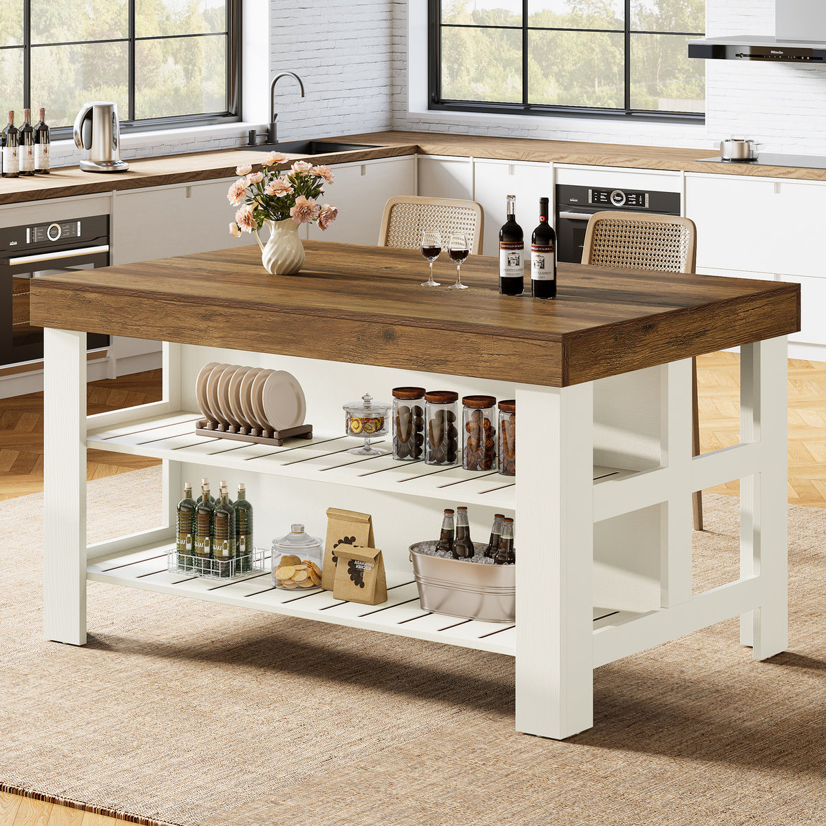 Farmhouse Kitchen Island with 2-Tier Open Storage Shelves