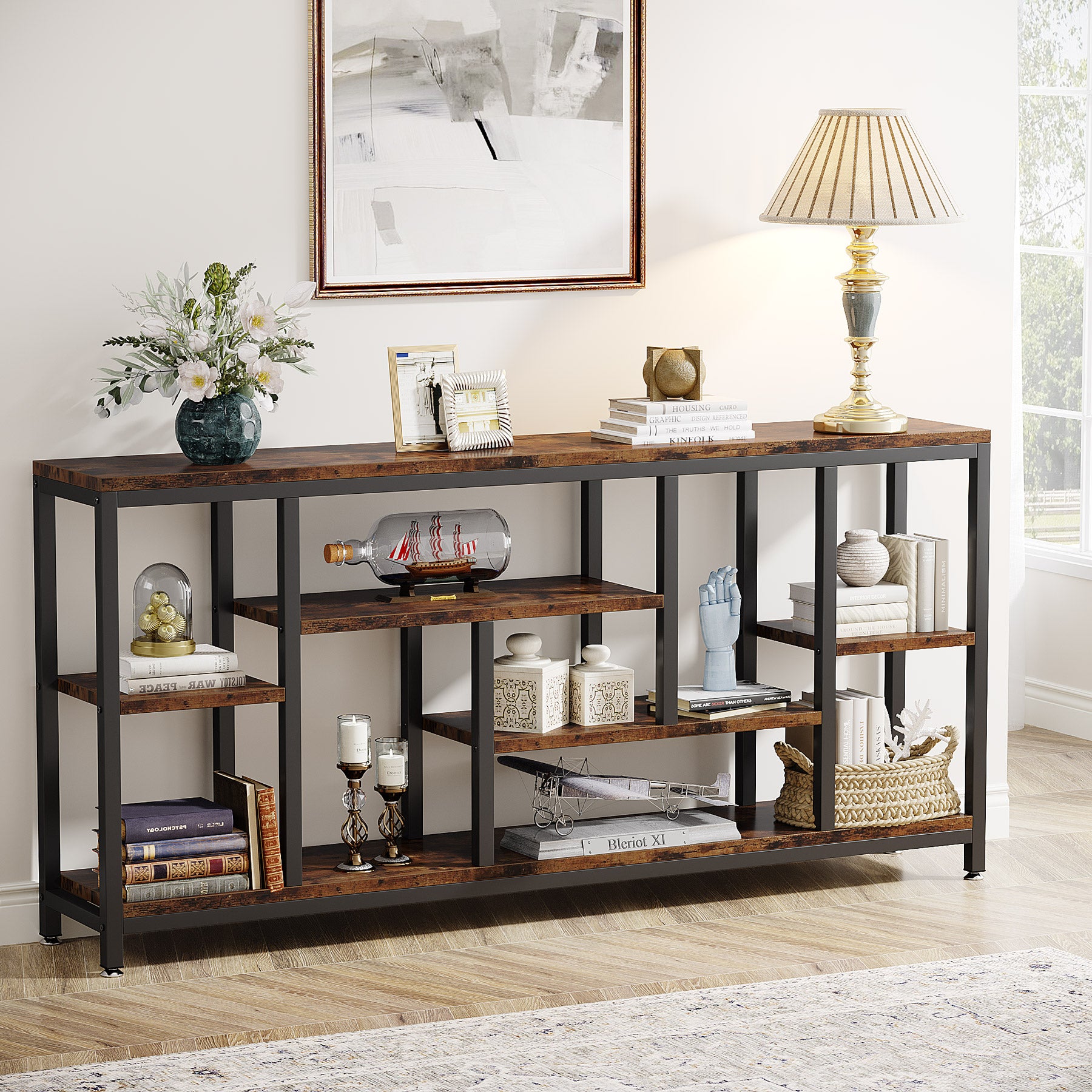 180cm Console Table, Long Sofa Table with 3-Tier Storage Shelves