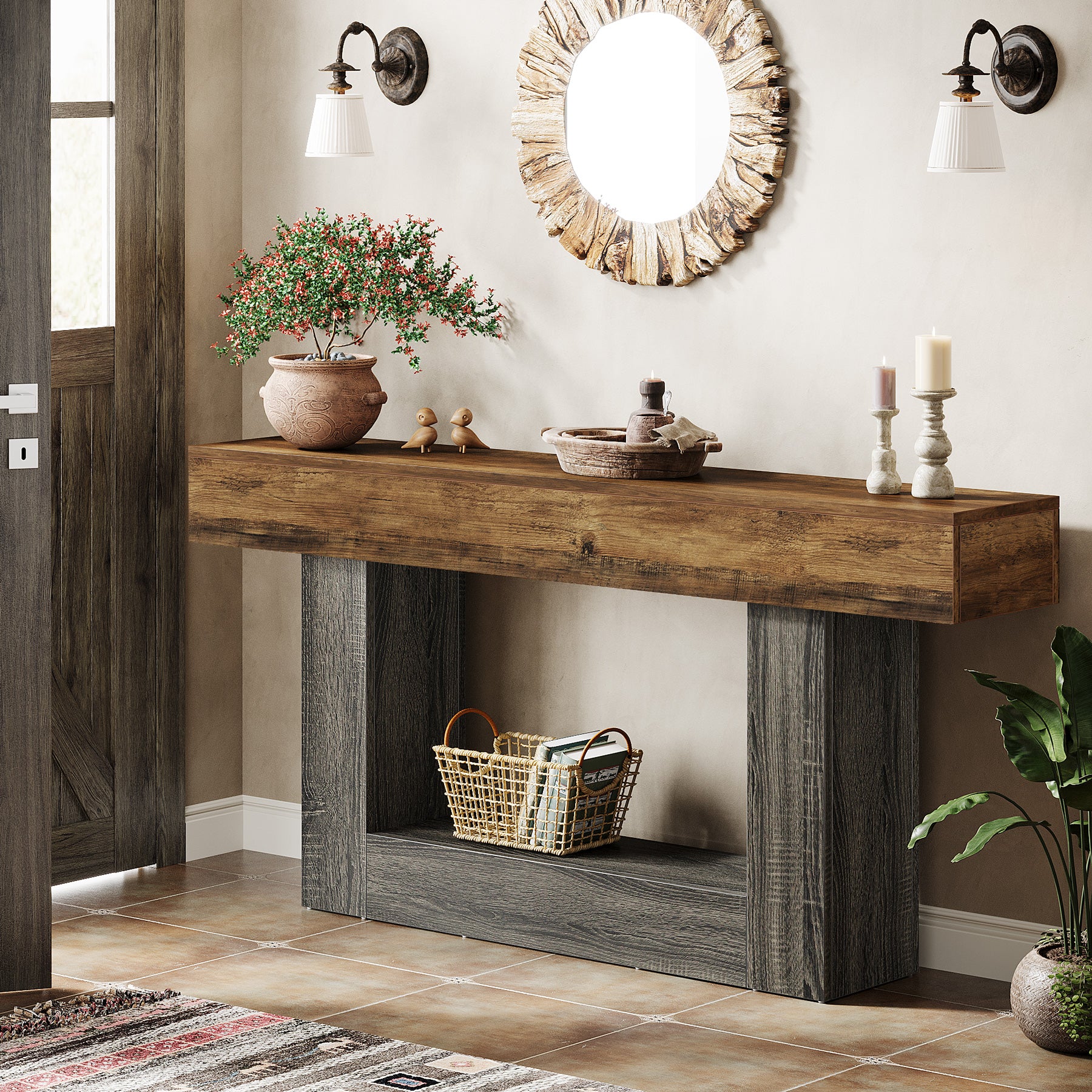 63" Wooden Console Table, Farmhouse 2-Tier Sofa Table Entryway Table