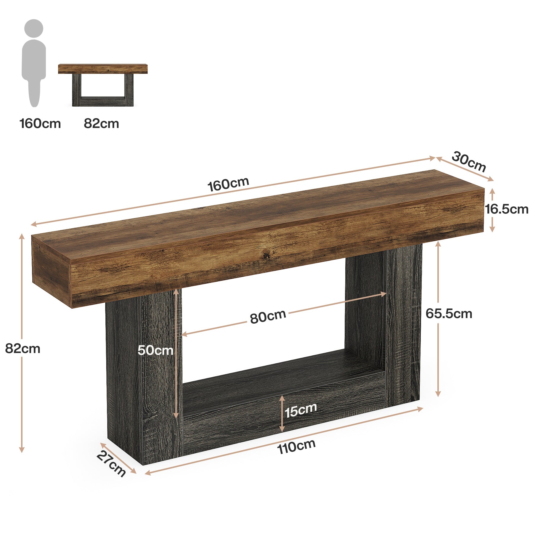 63" Wooden Console Table, Farmhouse 2-Tier Sofa Table Entryway Table