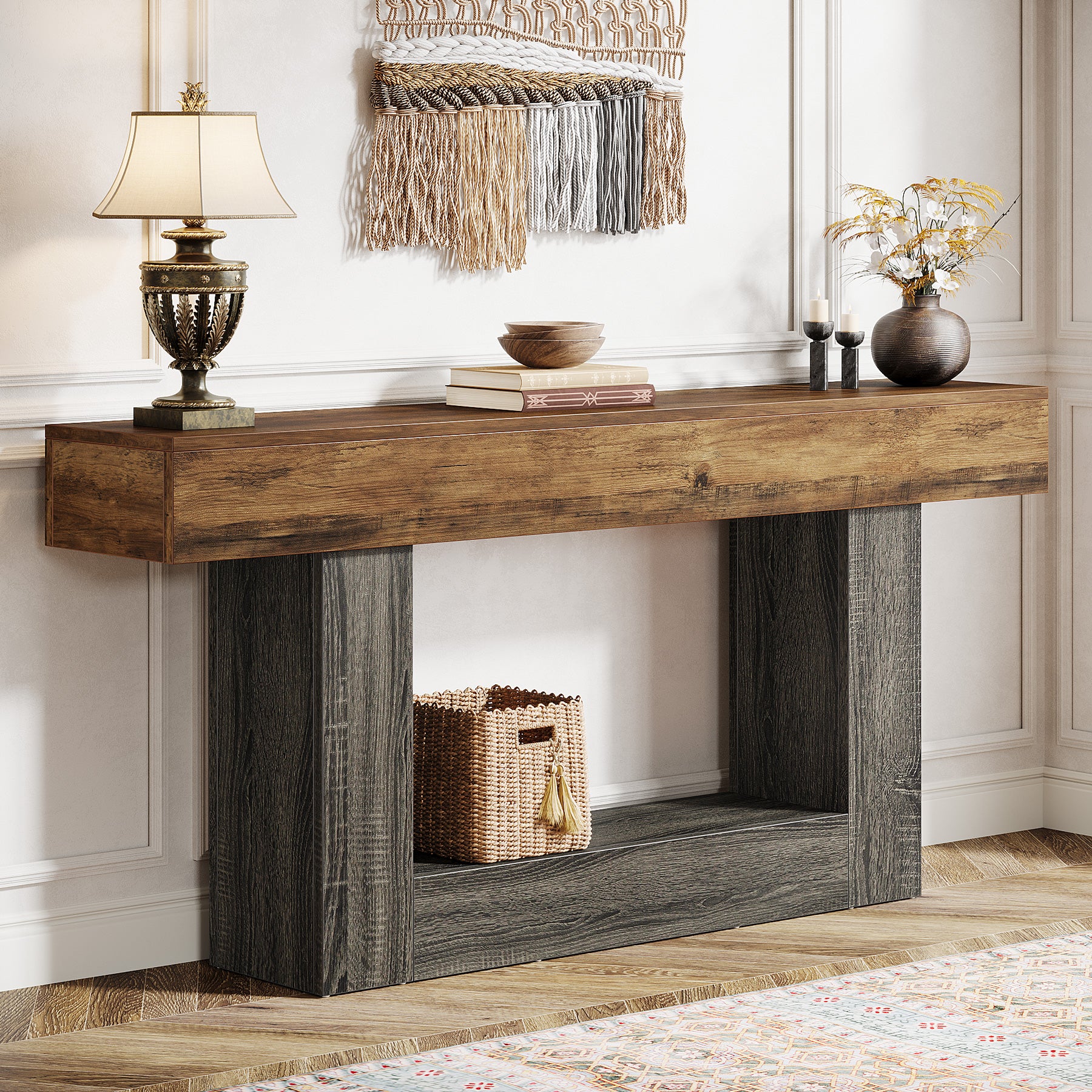 63" Wooden Console Table, Farmhouse 2-Tier Sofa Table Entryway Table