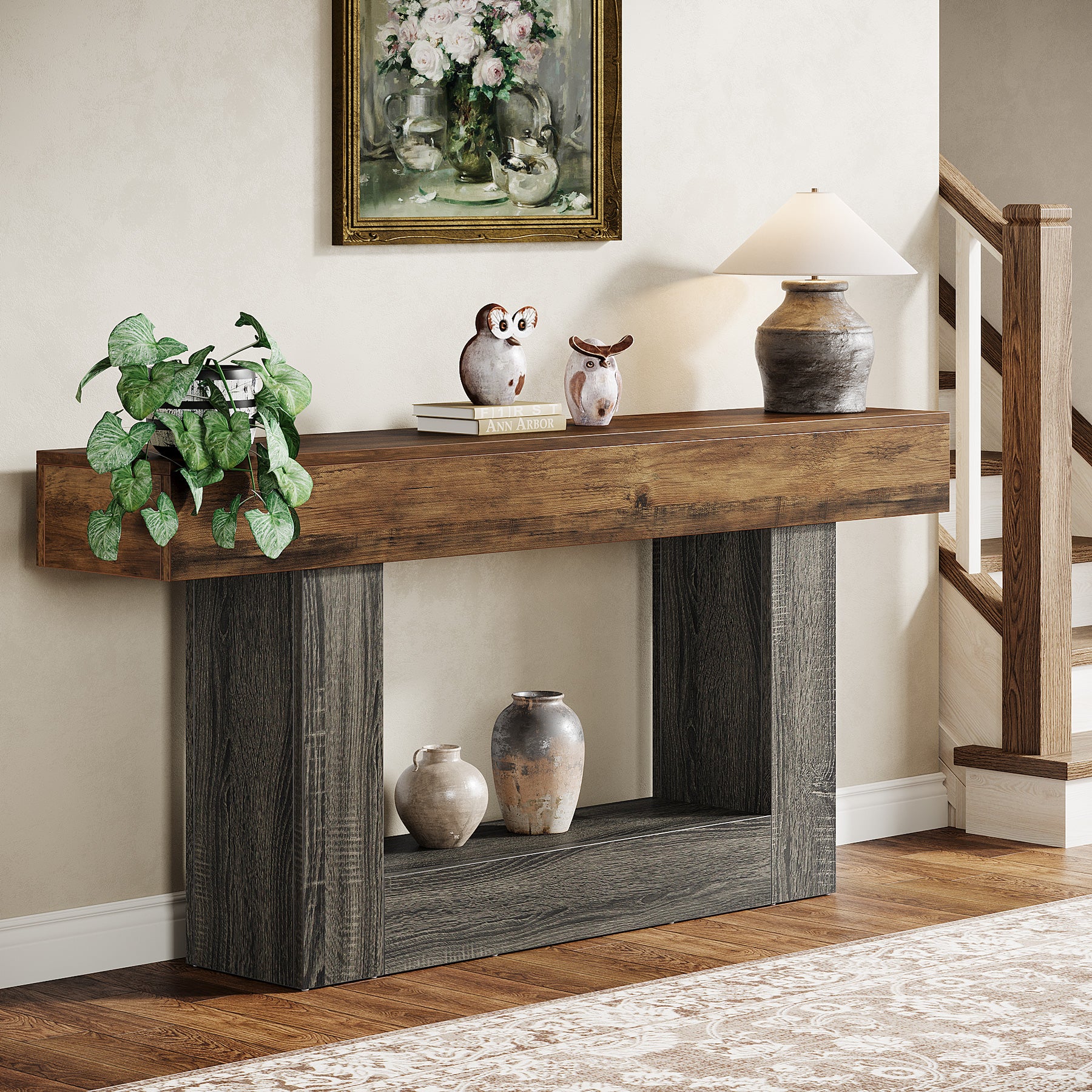 63" Wooden Console Table, Farmhouse 2-Tier Sofa Table Entryway Table
