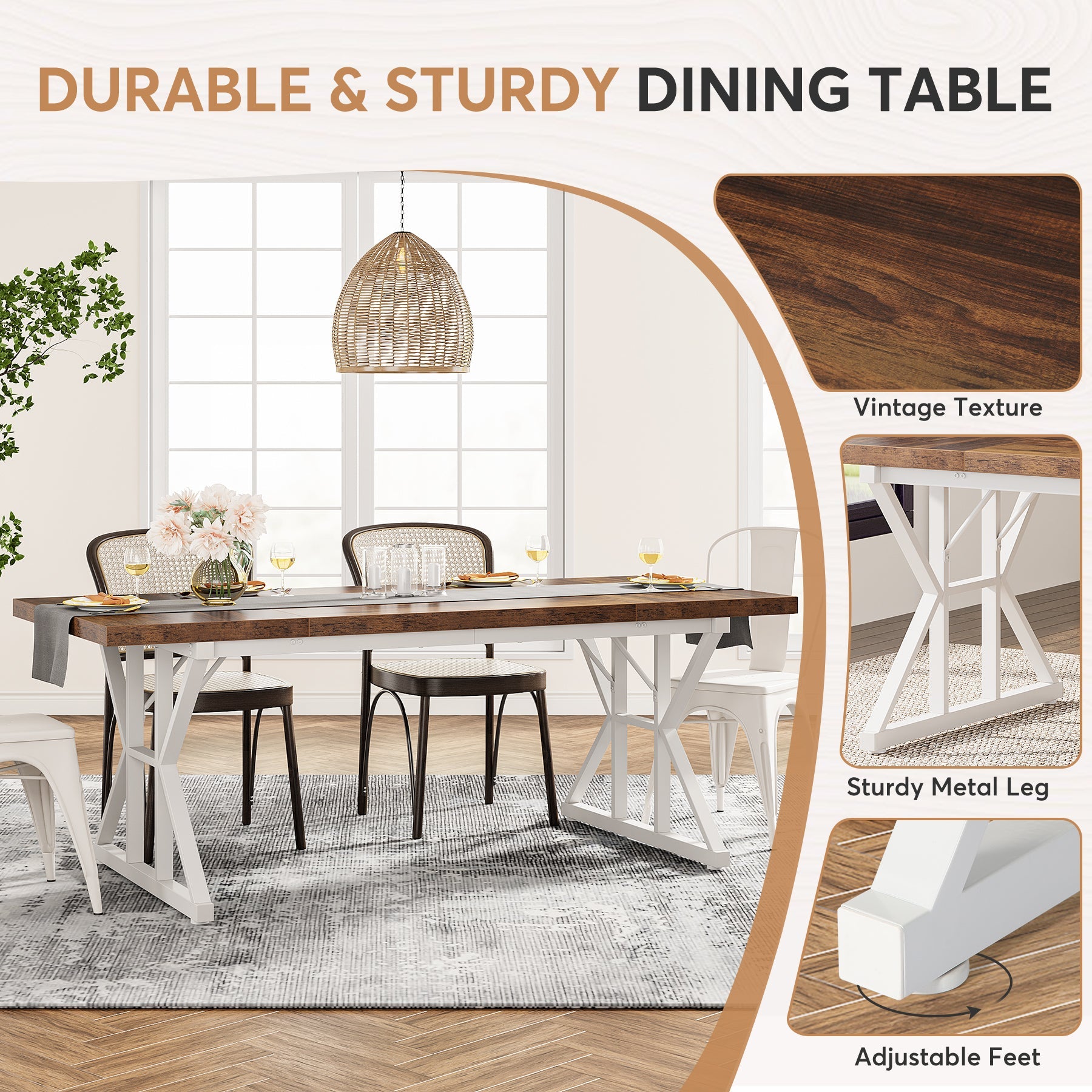 Wood Dining Table, Farmhouse 180cm Kitchen Table for 6 People