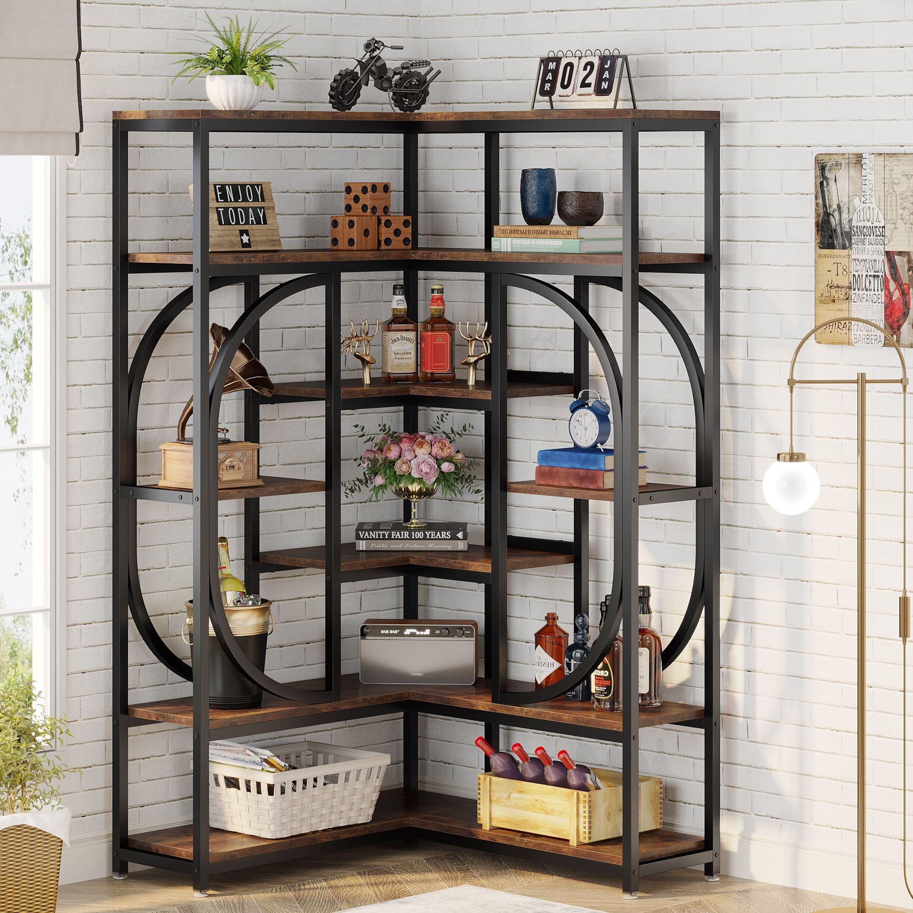 176cm L-Shaped Bookshelf, Modern Corner 7-Shelf Bookshelf Display Rack