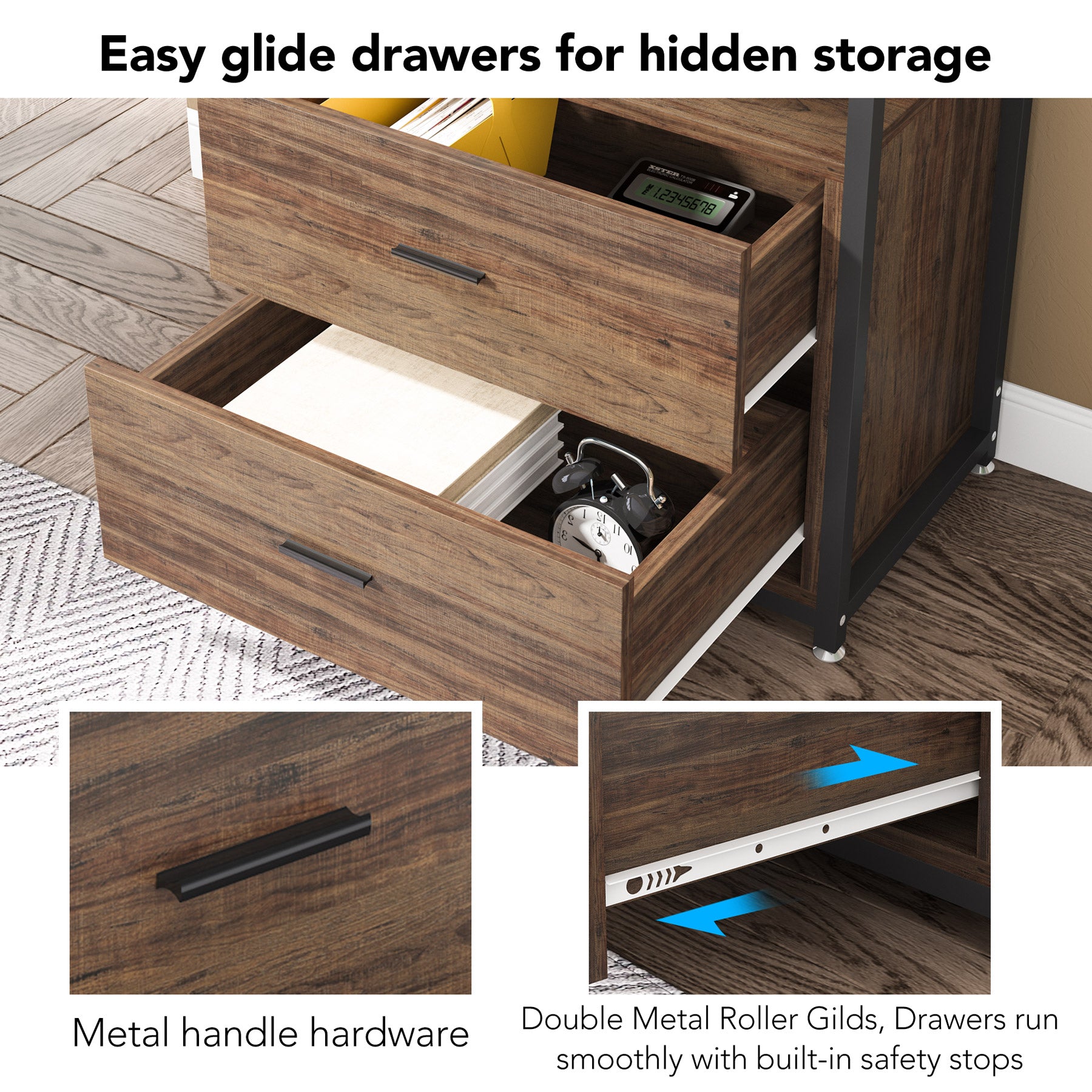 Rustic Etagere Bookshelf with Drawers, Industrial Display Bookcase for Home Office