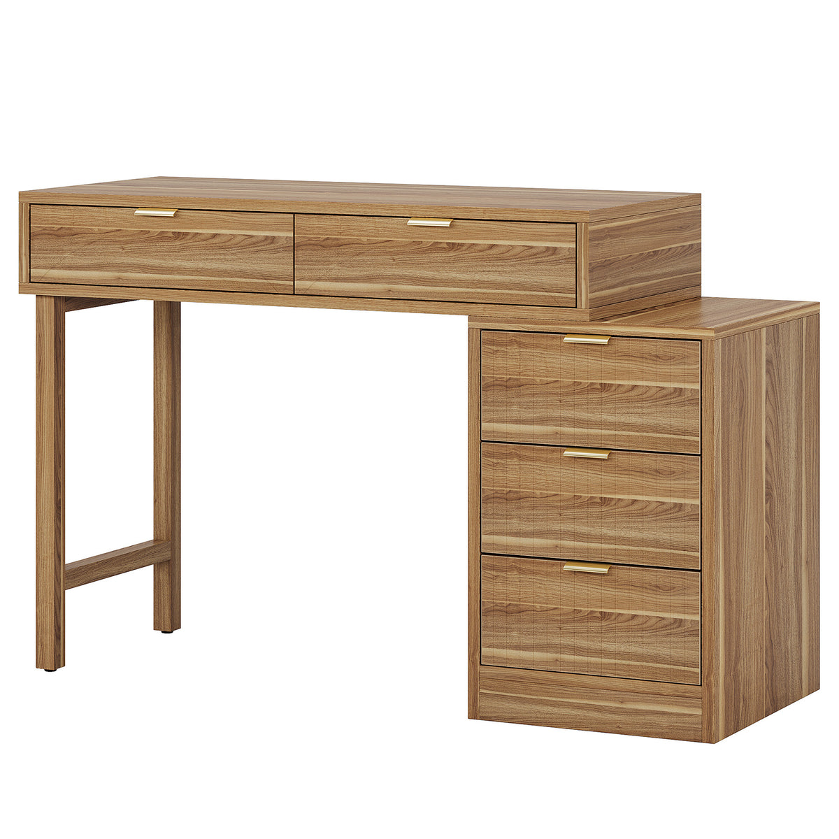 Walnut Brown Computer Desk with 5 Drawers, Reversible Storage Cabinet