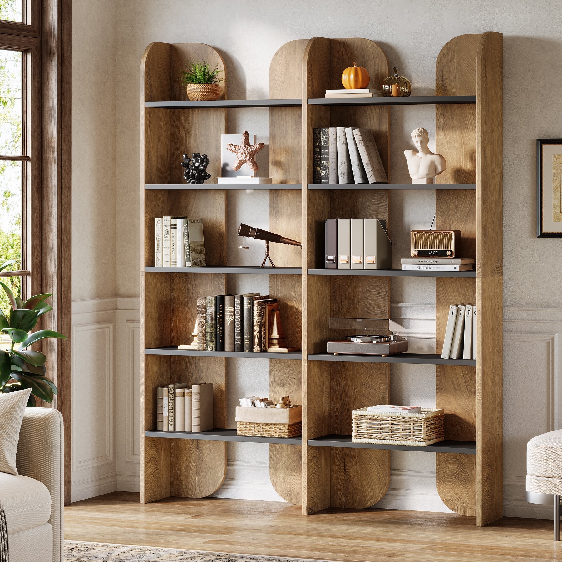 180cm Tall Double-Wide Bookshelf, 5-Tier Open Display Shelf in Farmhouse Style