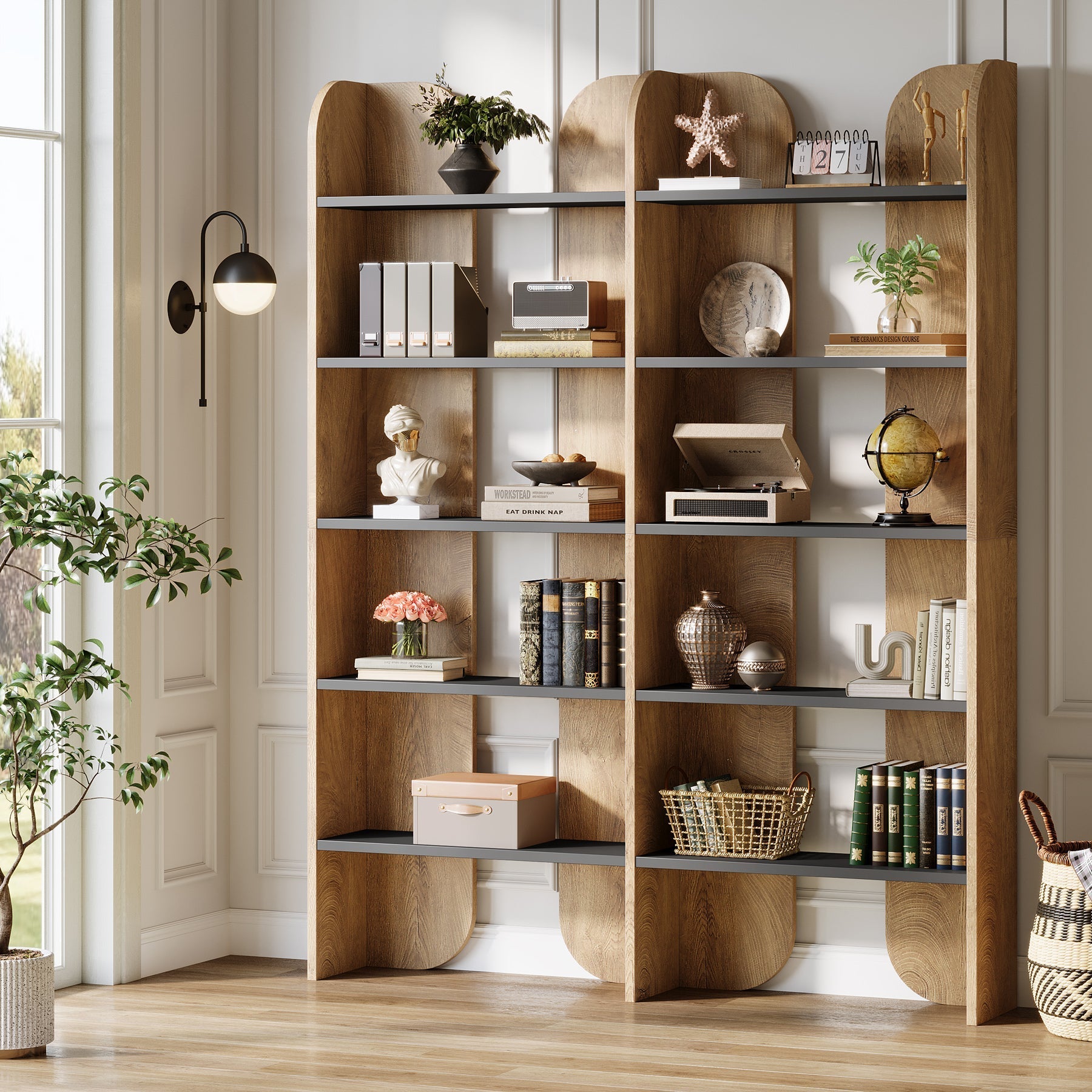 180cm Tall Double-Wide Bookshelf, 5-Tier Open Display Shelf in Farmhouse Style