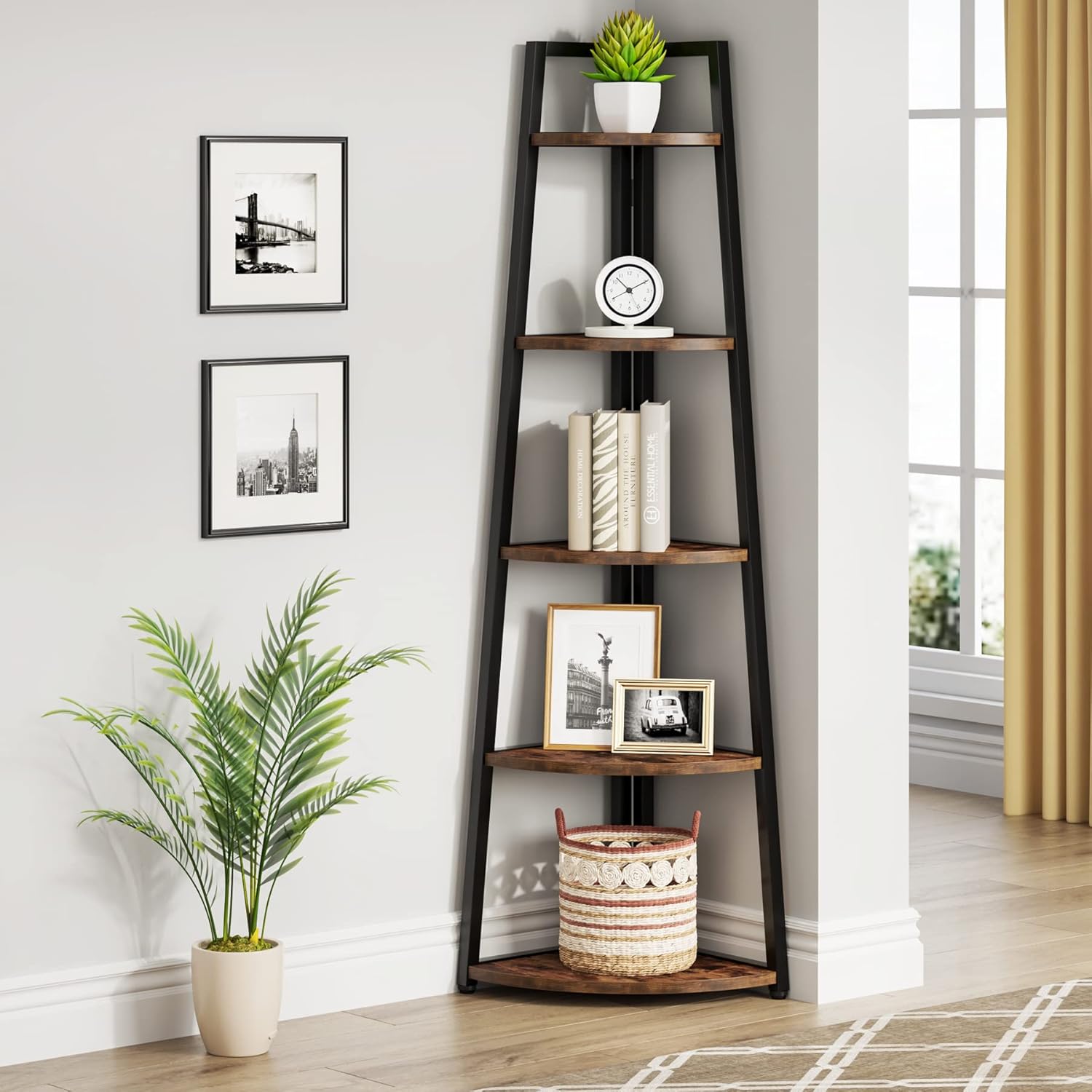 178cm Tall Corner Shelf, 5 Tier Industrial Corner Bookshelf for Living Room, Home Office