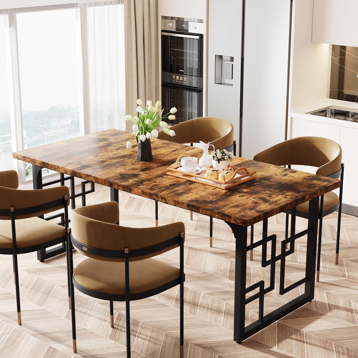 160cm Rectangular Dining Table for 4-6, Rustic Wood Kitchen Table with Black Metal Frame