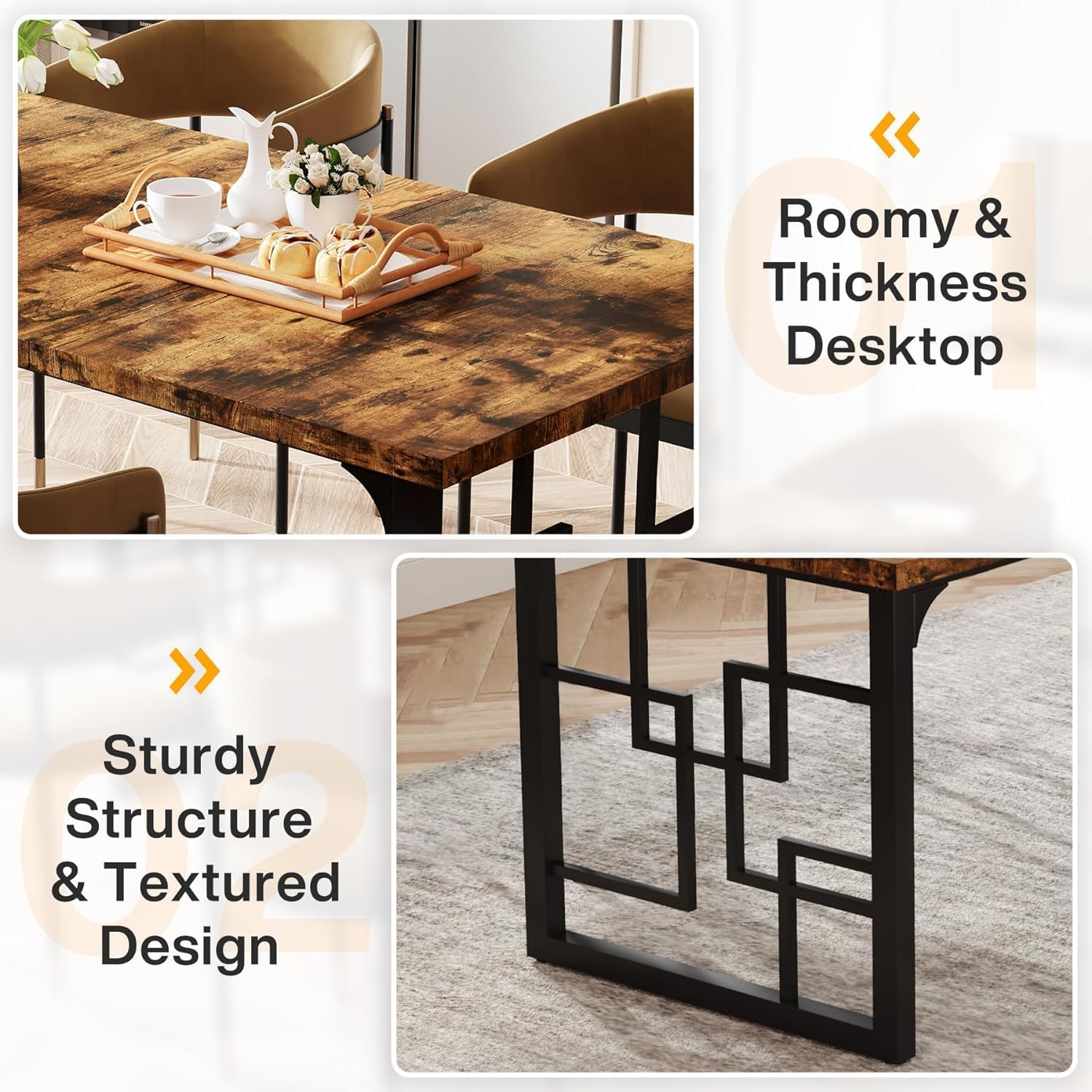 160cm Rectangular Dining Table for 4-6, Rustic Wood Kitchen Table with Black Metal Frame