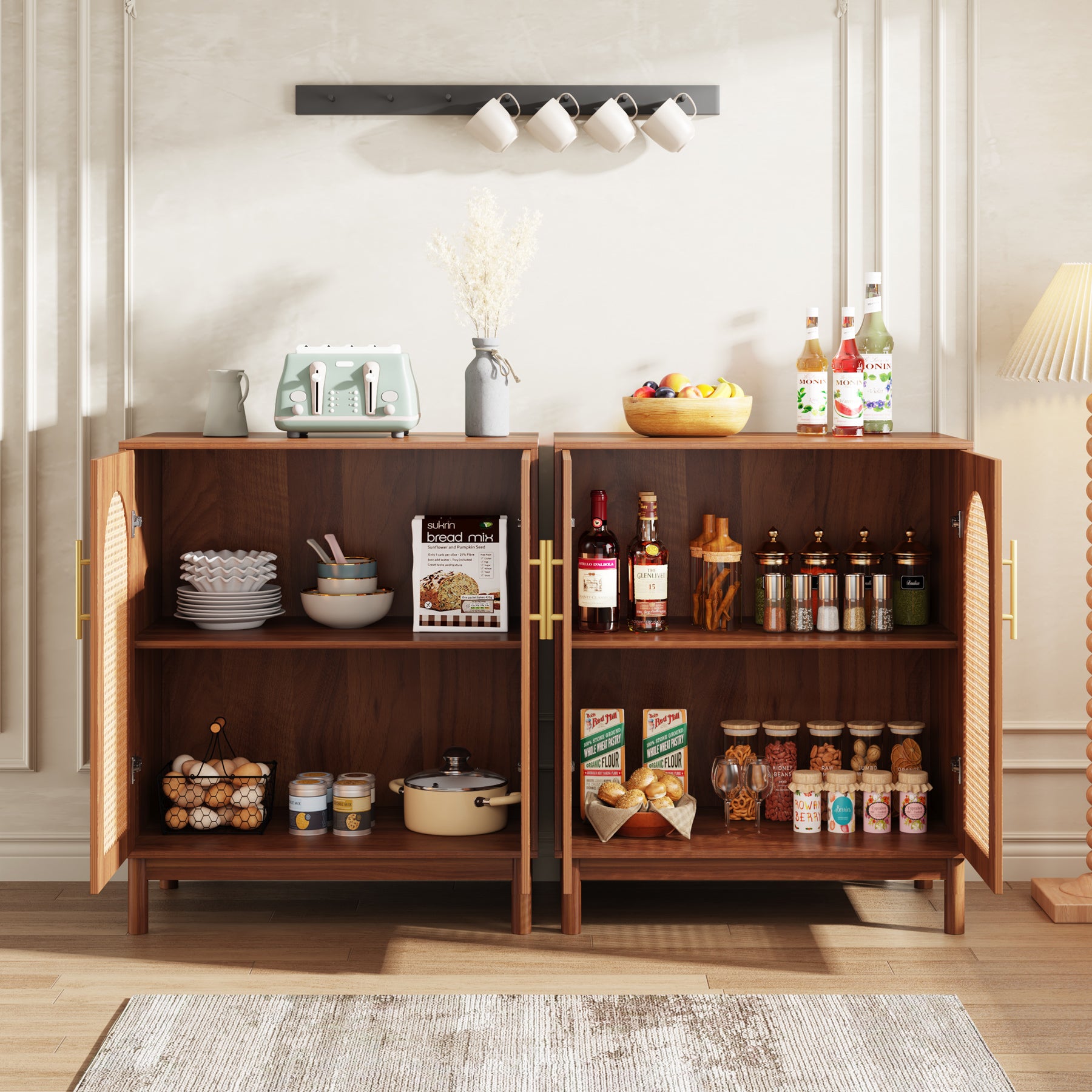 150cm Sideboard Buffet, Set of 2 Rattan Accent Cabinet with Storage