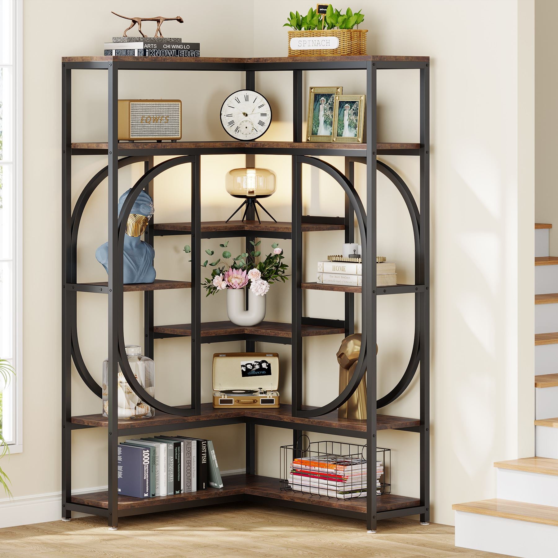 176cm L-Shaped Bookshelf, Modern Corner 7-Shelf Bookshelf Display Rack