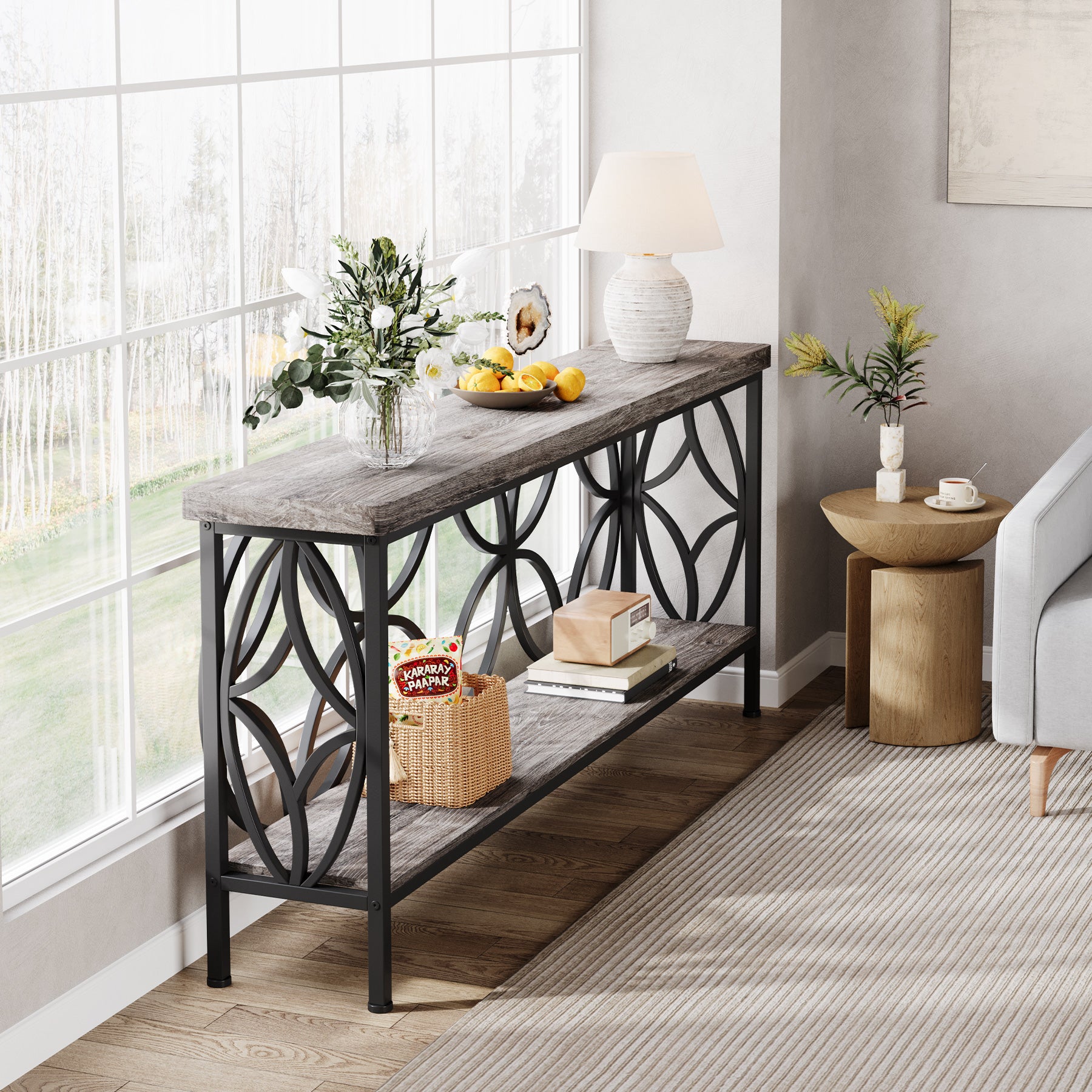 2-Tier Console Table, 180cm Industrial Sofa Table Behind Couch