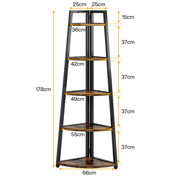 178cm Tall Corner Shelf, 5 Tier Industrial Corner Bookshelf for Living Room, Home Office