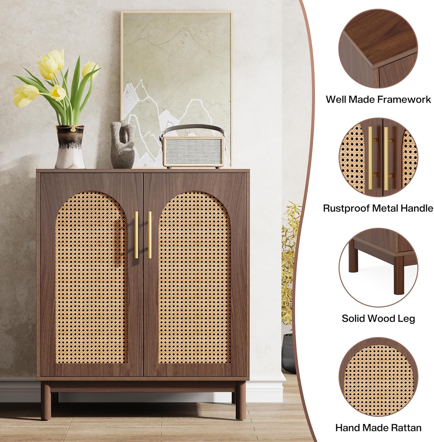 150 CM Sideboard Buffet, Set of 2 Rattan Accent Cabinet with Storage
