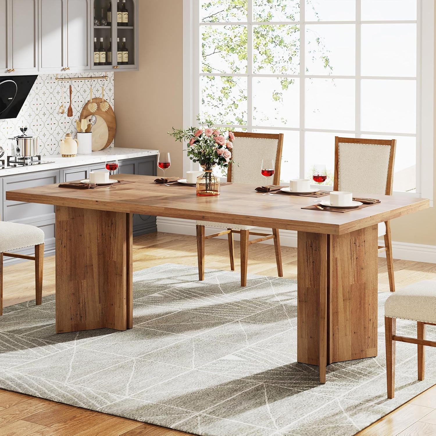 160cm Dining Table, Farmhouse Kitchen Table with Large Tabletop for 4-6