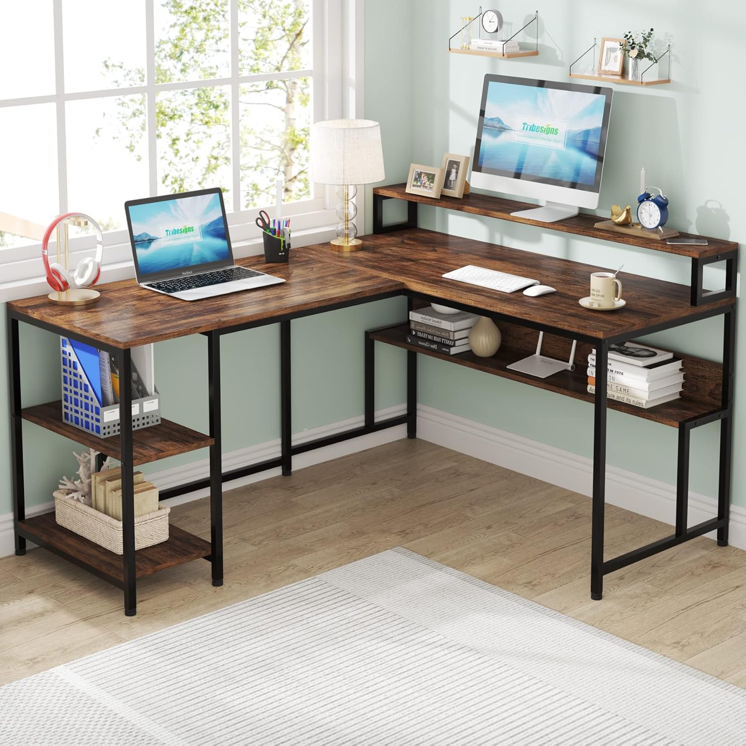 150cm L-Shape Reversible Corner Desk with Monitor Stand & 2-Tier Shelves, Home Office Desk with Storage