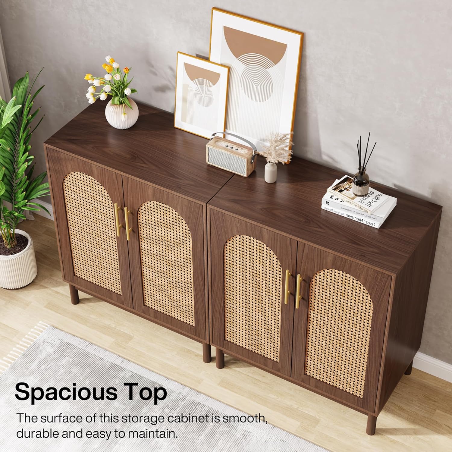 150 CM Sideboard Buffet, Set of 2 Rattan Accent Cabinet with Storage