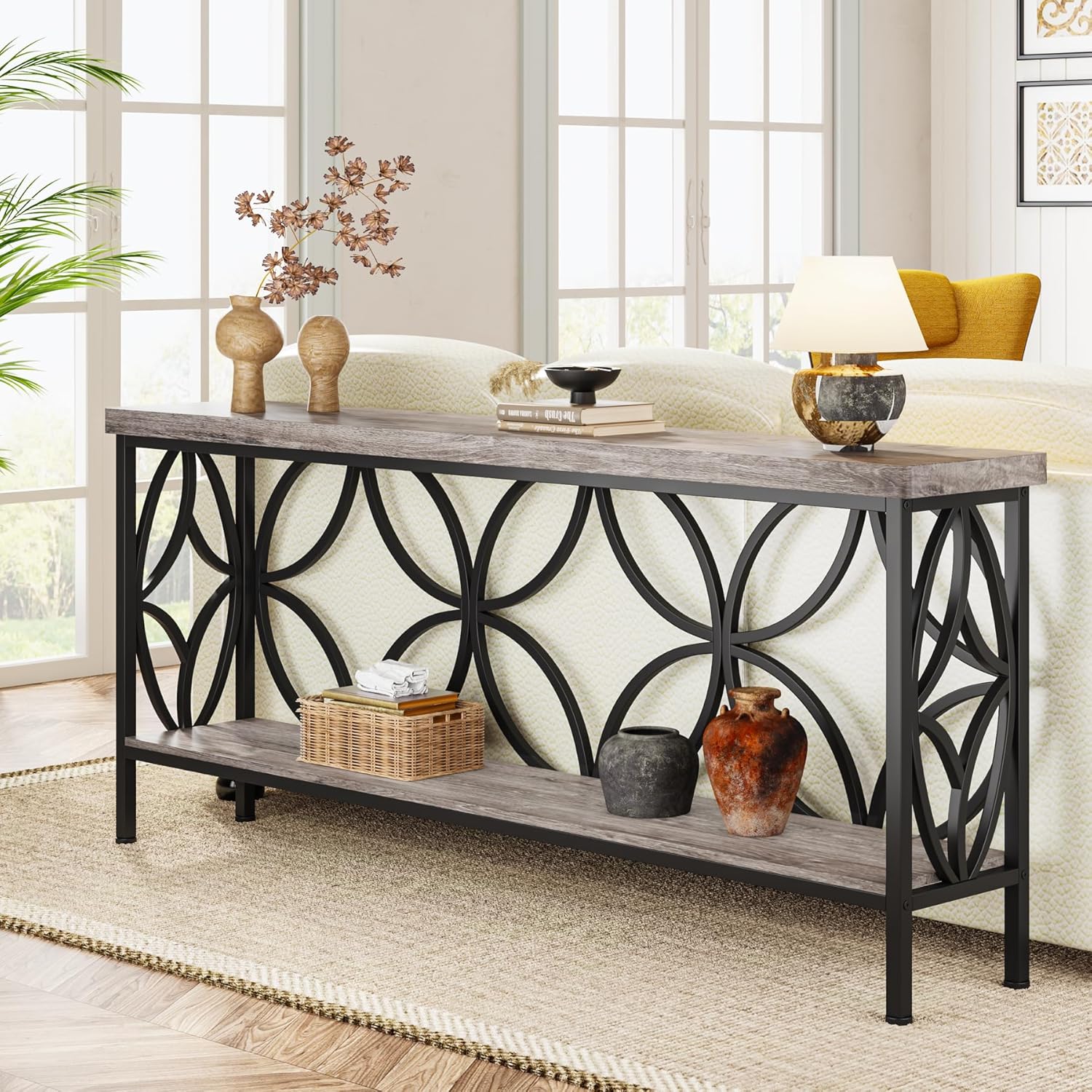 2-Tier Console Table, 70.9" Industrial Sofa Table Behind Couch