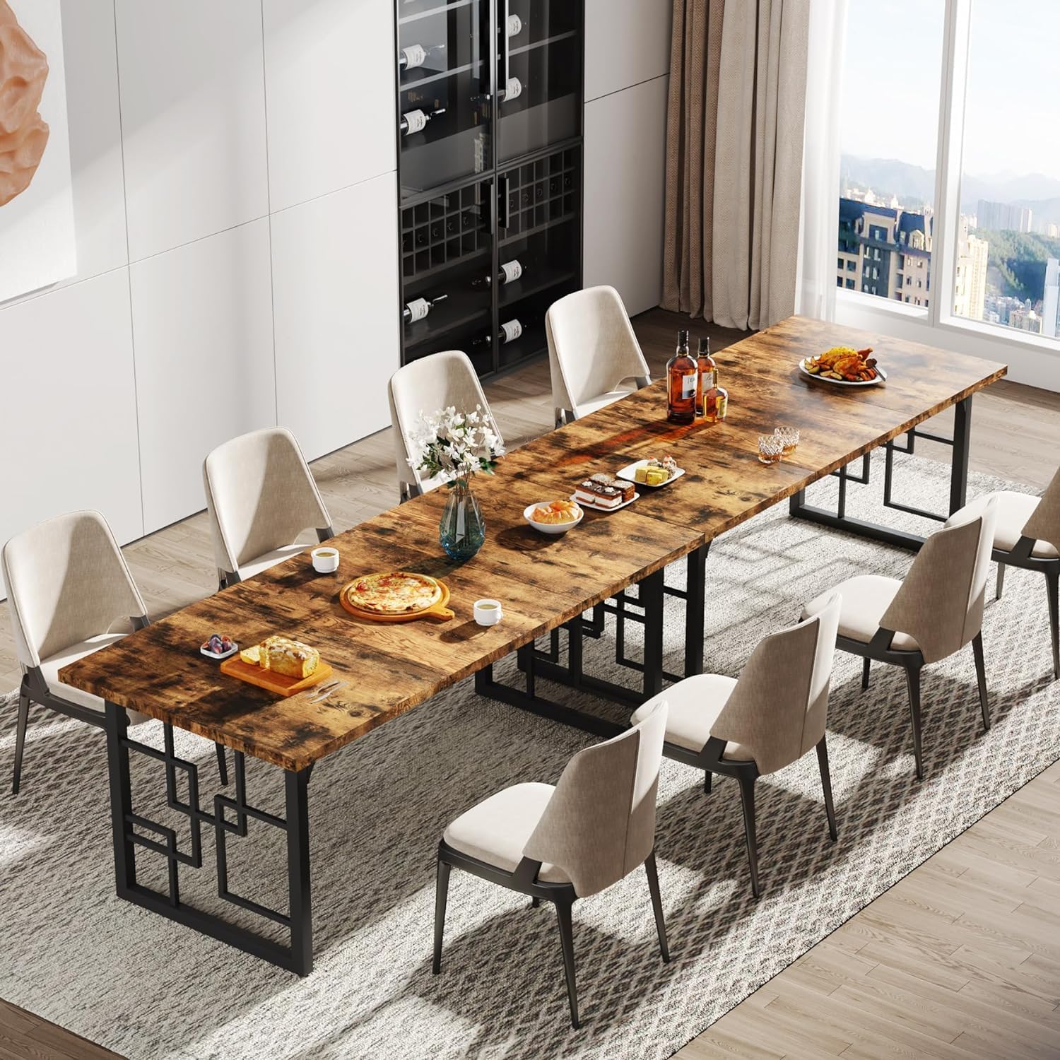 160cm Rectangular Dining Table for 4-6, Rustic Wood Kitchen Table with Black Metal Frame