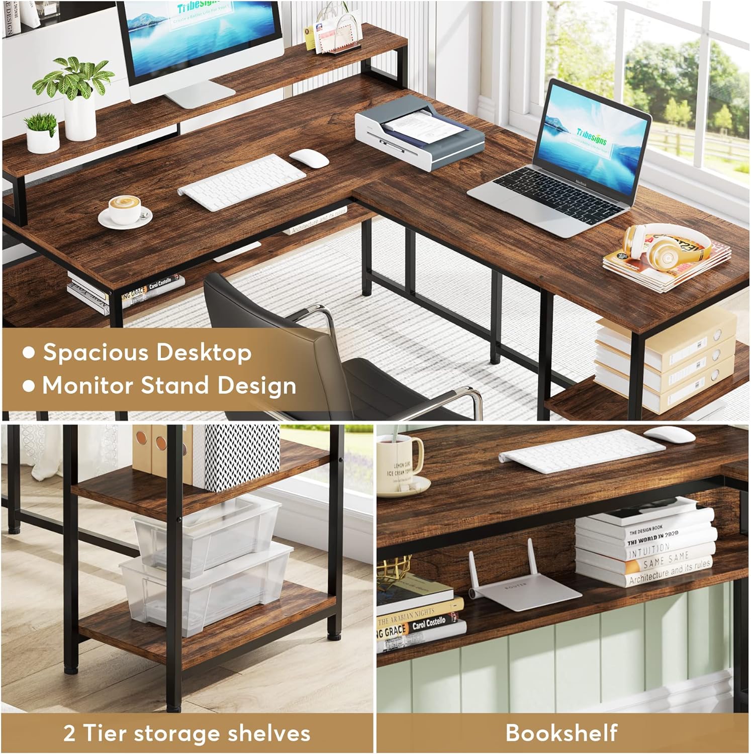 150cm L-Shape Reversible Corner Desk with Monitor Stand & 2-Tier Shelves, Home Office Desk with Storage