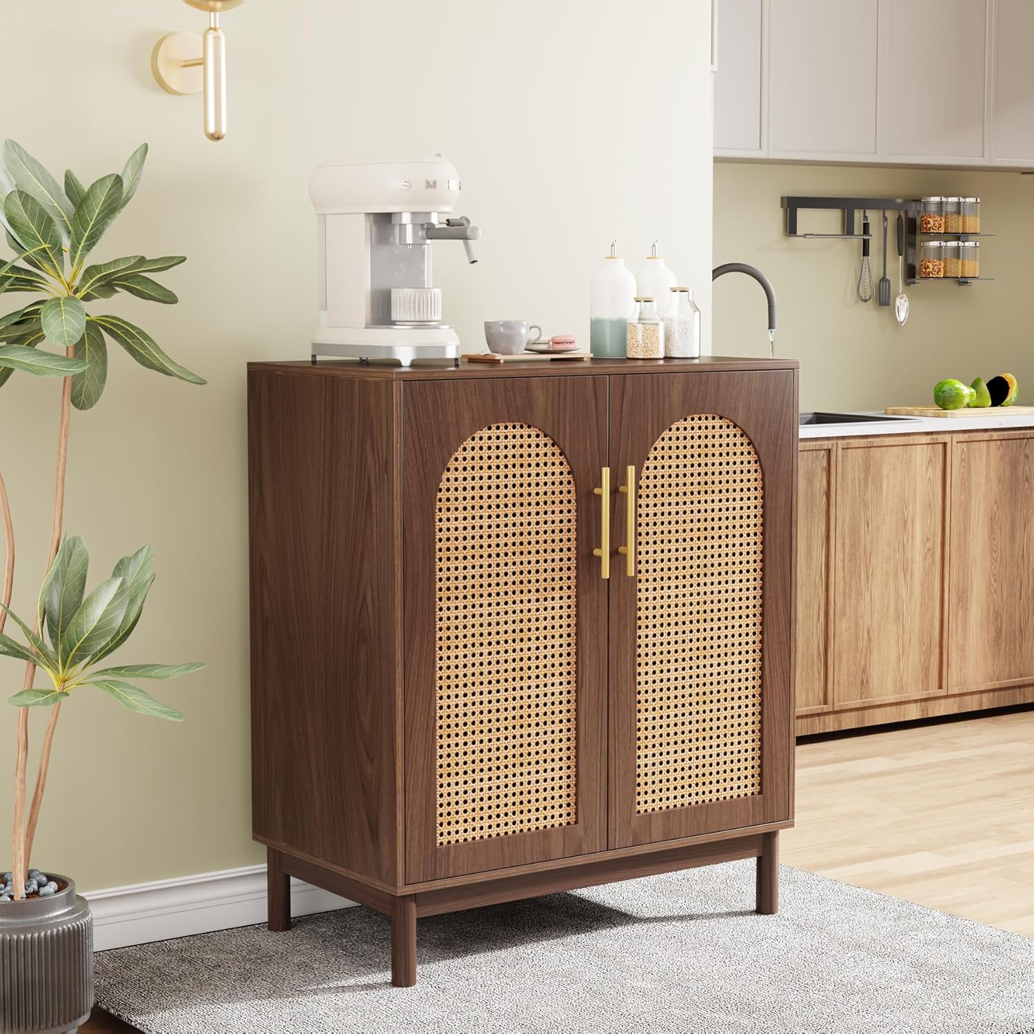 150 CM Sideboard Buffet, Set of 2 Rattan Accent Cabinet with Storage