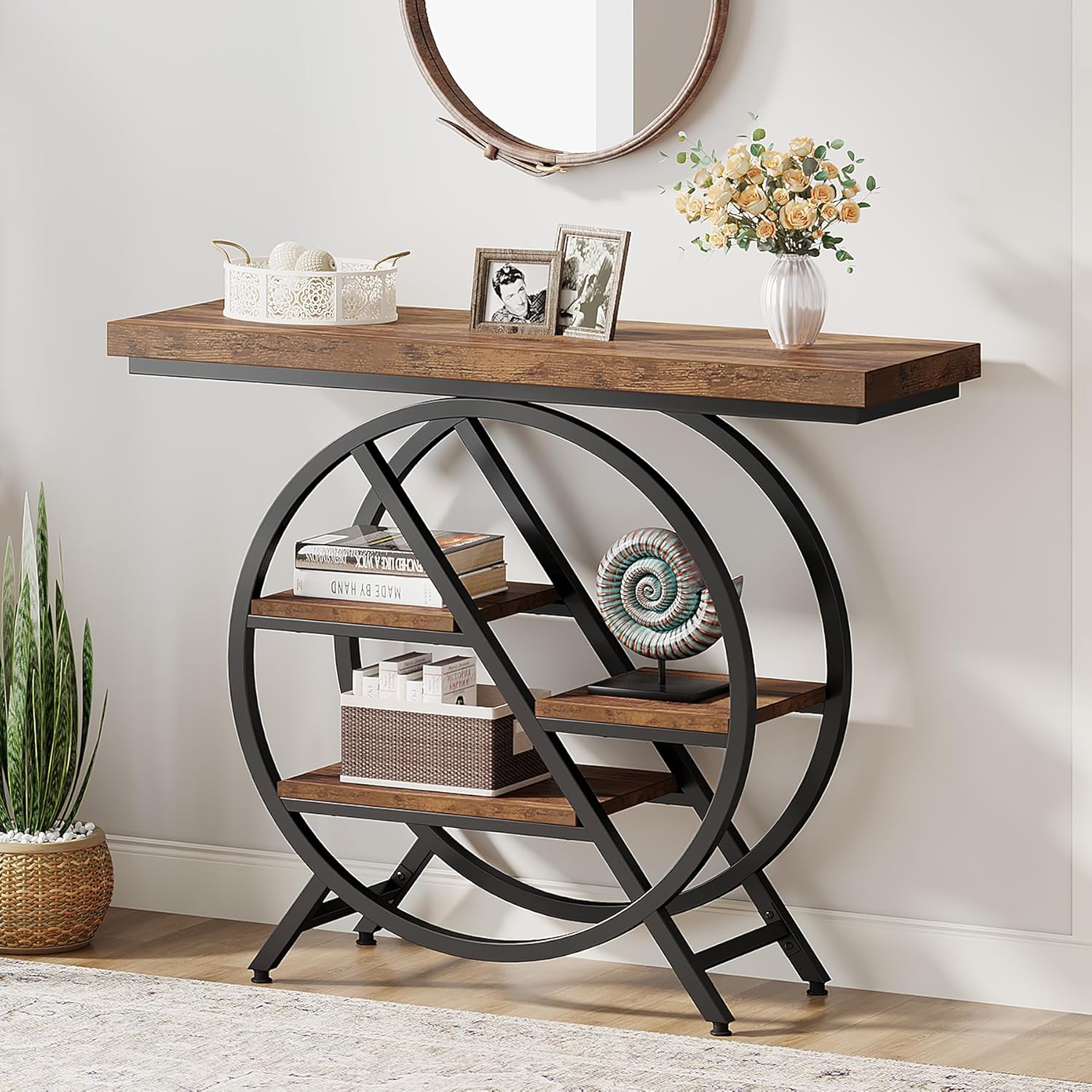 100cm Console Table, 4-Tier Hallway Sofa Table with Geometric Metal Frame