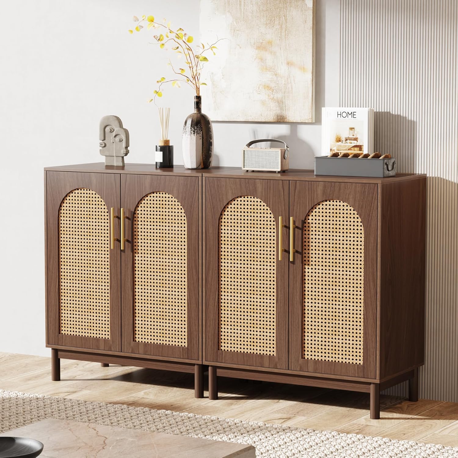 150 CM Sideboard Buffet, Set of 2 Rattan Accent Cabinet with Storage