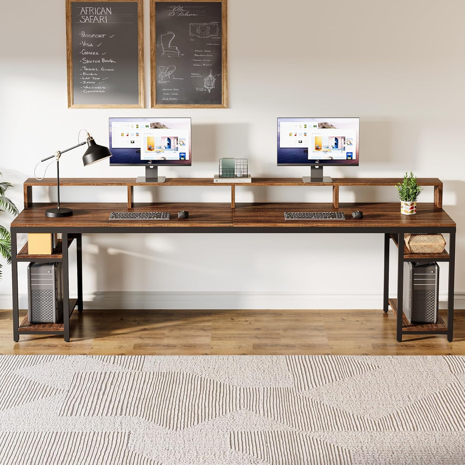 200cm Two-Person Desk, Long Computer Desk with Monitor Stand and Storage Shelves