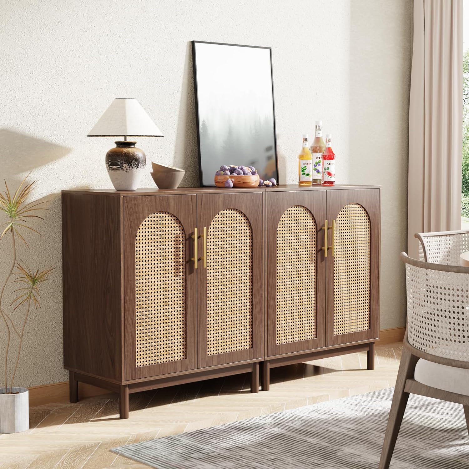 150 CM Sideboard Buffet, Set of 2 Rattan Accent Cabinet with Storage