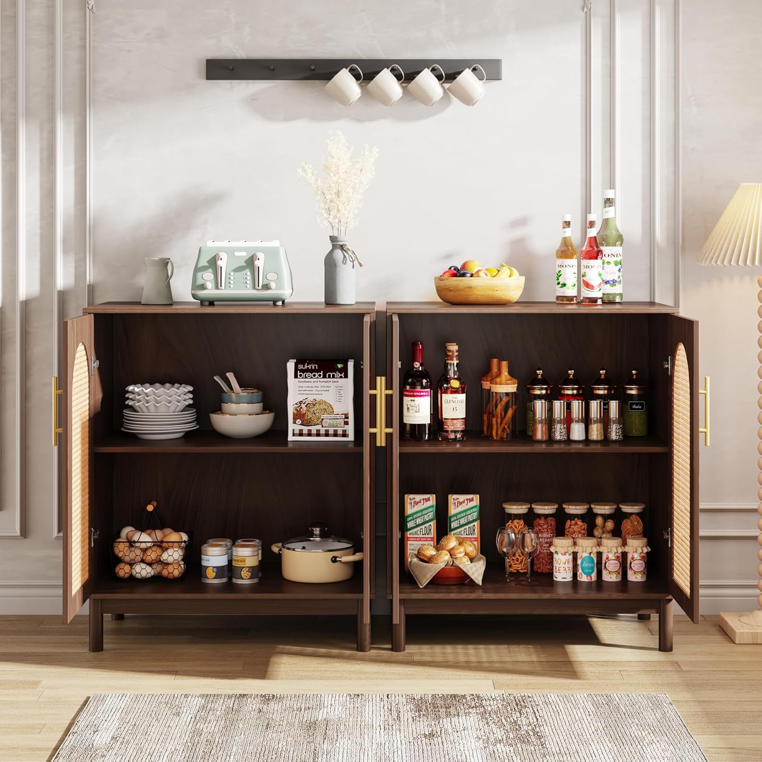 150 CM Sideboard Buffet, Set of 2 Rattan Accent Cabinet with Storage