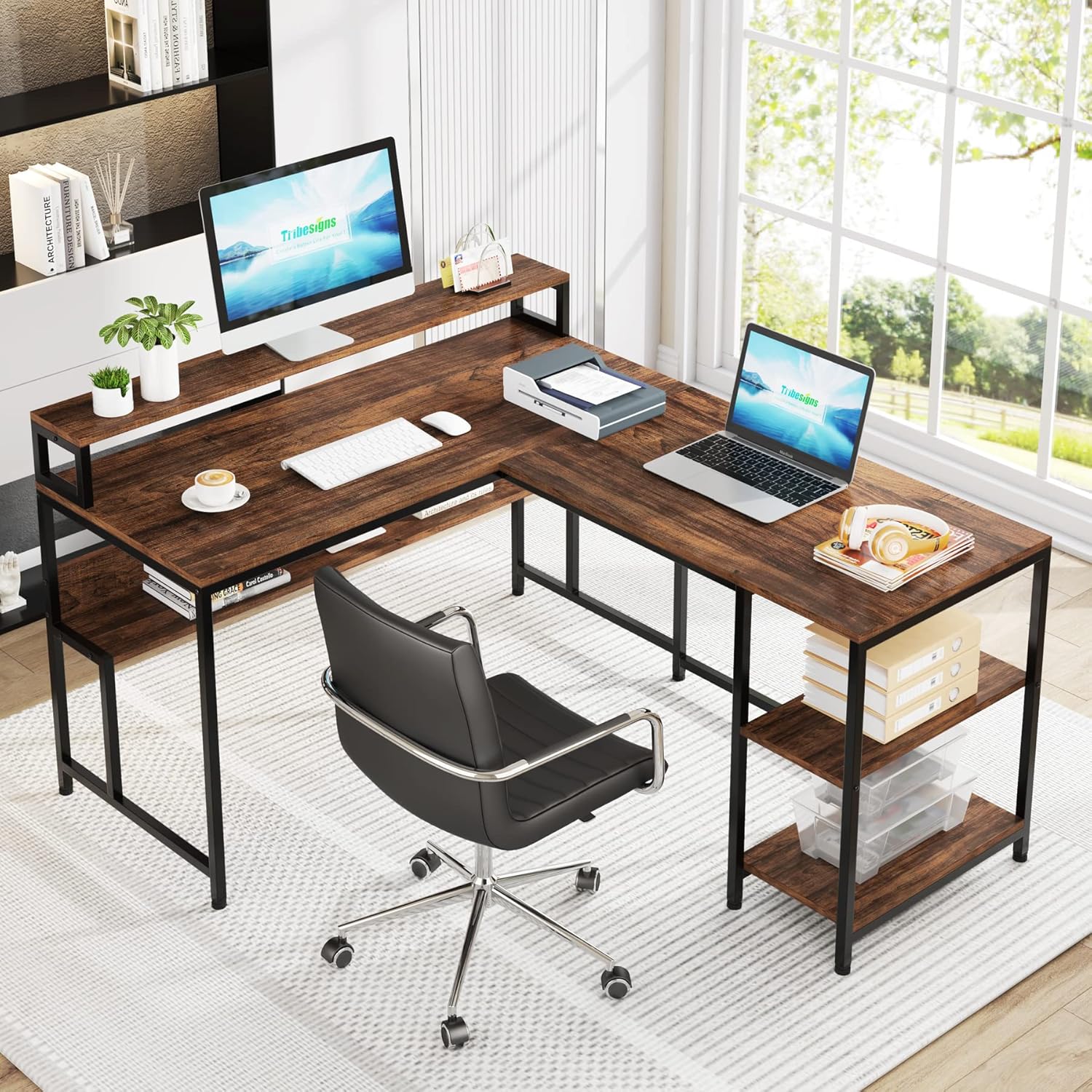 150cm L-Shape Reversible Corner Desk with Monitor Stand & 2-Tier Shelves, Home Office Desk with Storage