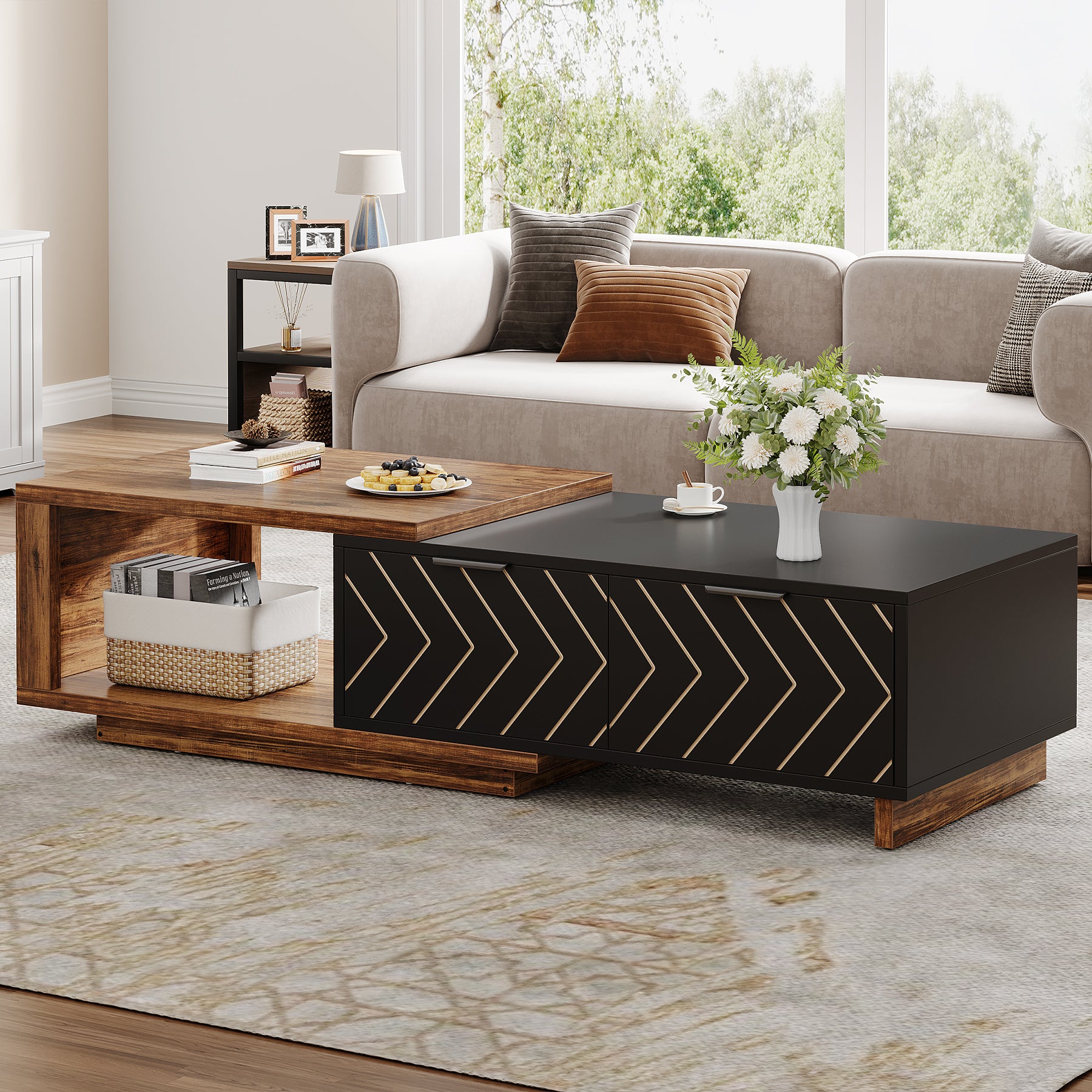 Extendable Coffee Table, Center Table Cocktail Table with 2 Storage Drawers