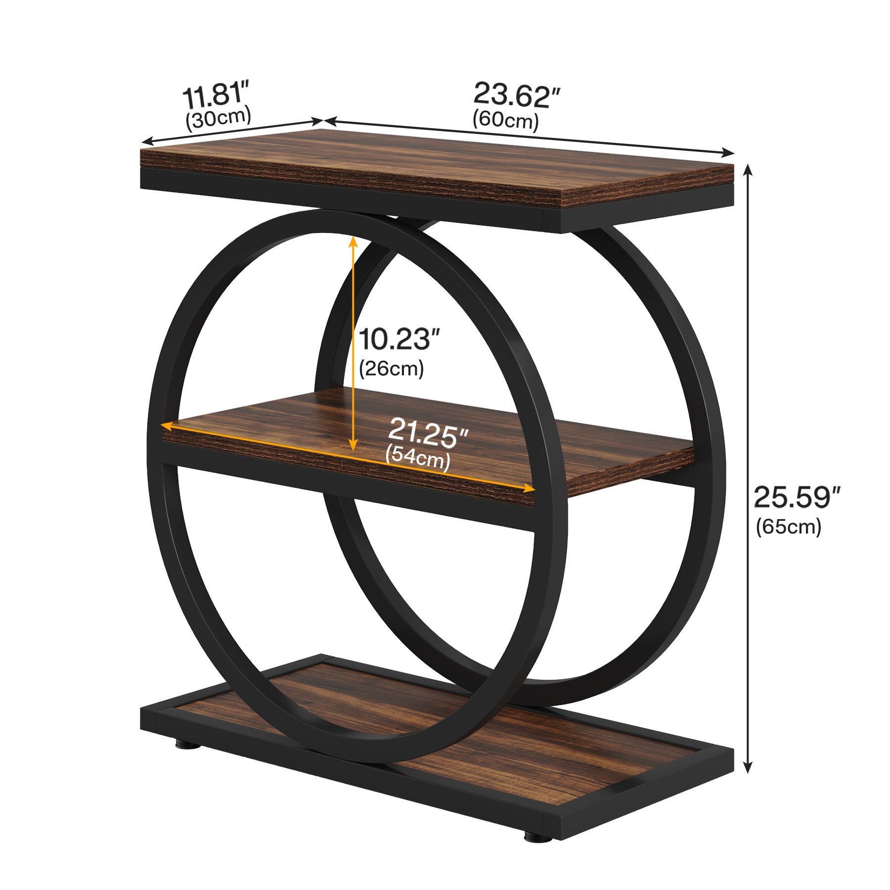 3-Tier Side Table, Industrial Sofa Side Table with Round Metal Frame
