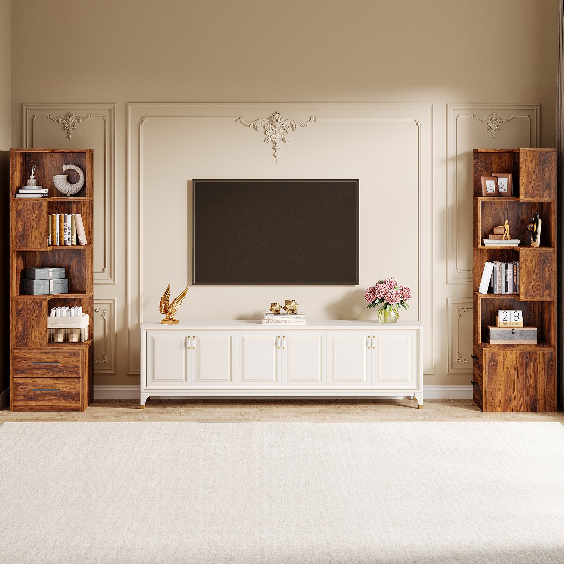 170cm L-Shaped Bookshelf, Corner Bookcase with 5-Tier Shelf & 2 Drawers